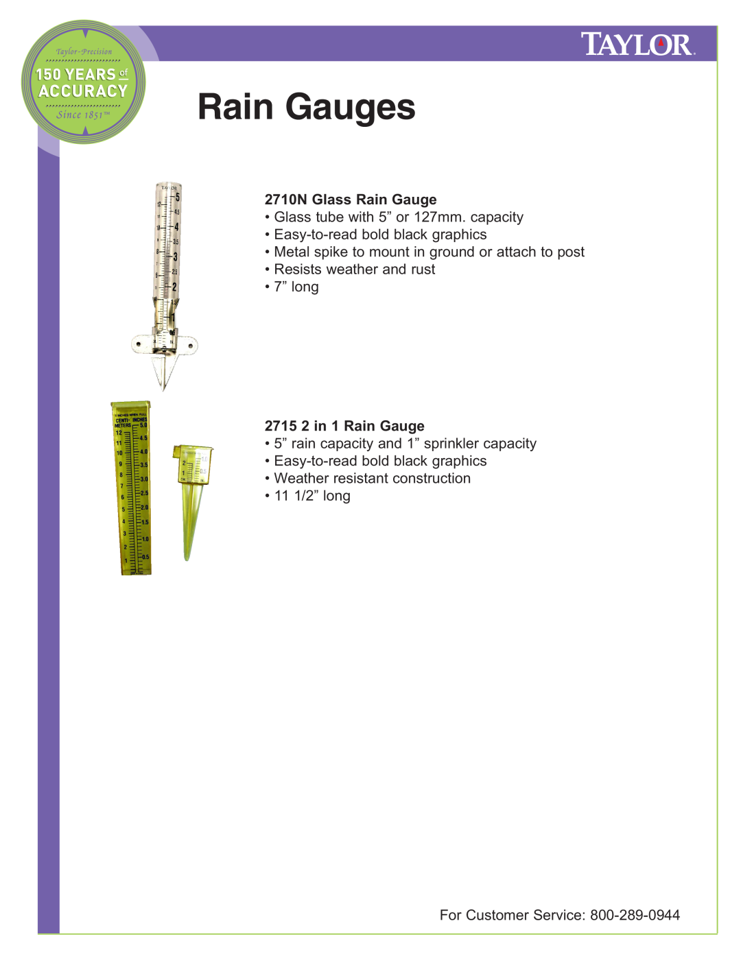 Taylor 2704, 2700N manual 2710N Glass Rain Gauge, 2715 2 in 1 Rain Gauge, Rain Gauges, Glass tube with 5” or 127mm. capacity 