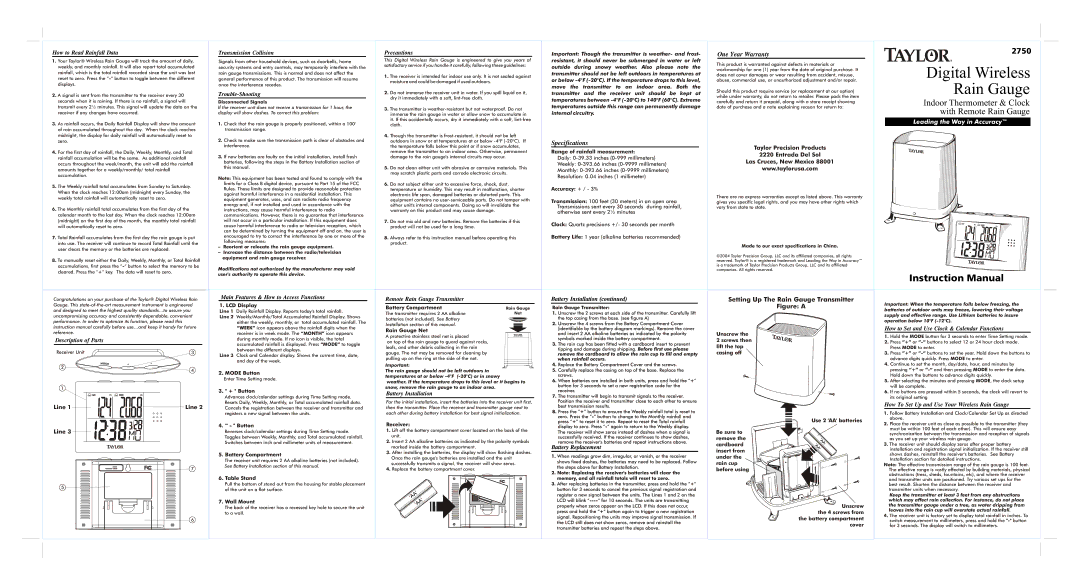 Taylor 2750 instruction manual How to Read Rainfall Data, Transmission Collision, Trouble-Shooting, Precautions 