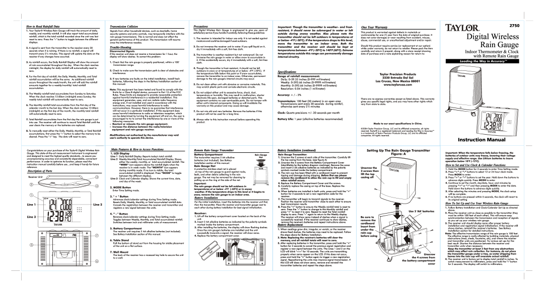 Taylor 2750 instruction manual Digital Wireless Rain Gauge, Instruction Manual, Specifications, One Year Warranty, Line 