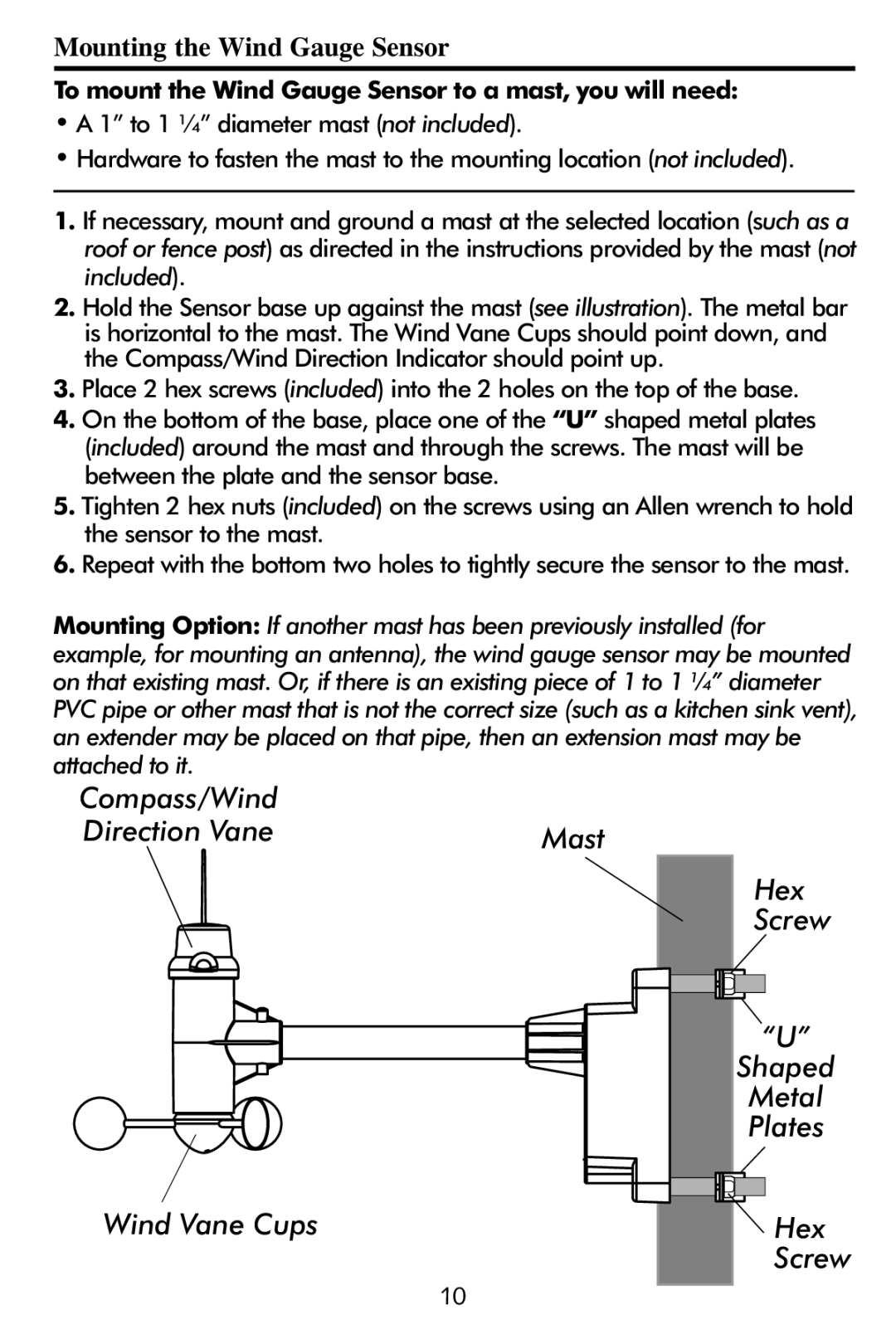 Taylor 2752 instruction manual Hex Screw, To mount the Wind Gauge Sensor to a mast, you will need 