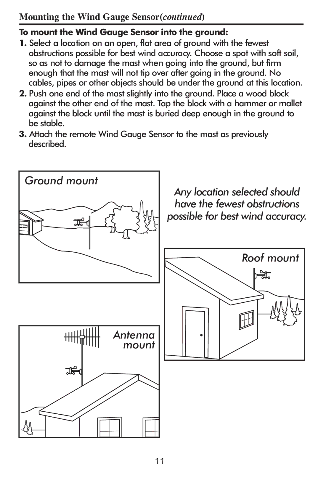 Taylor 2752 instruction manual Roof mount, To mount the Wind Gauge Sensor into the ground 