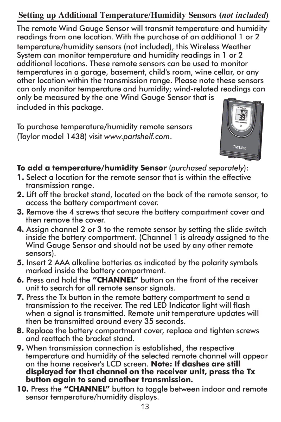 Taylor 2752 instruction manual To add a temperature/humidity Sensor purchased separately 