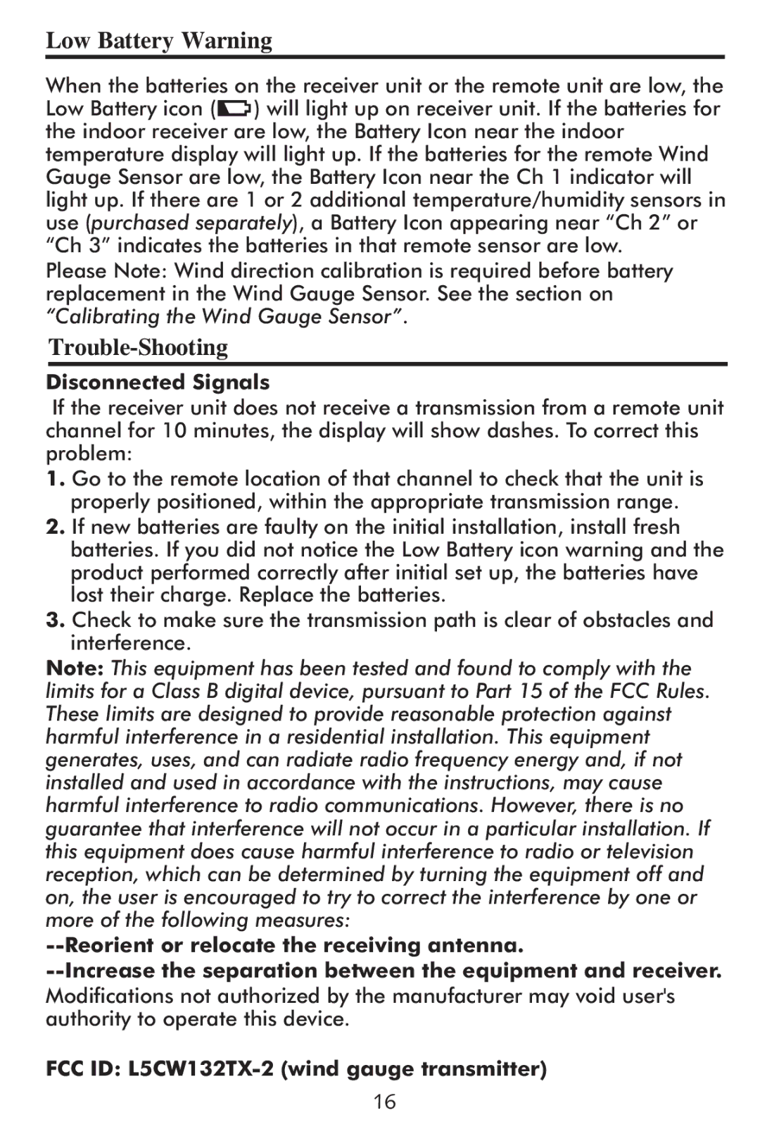 Taylor 2752 Low Battery Warning, Trouble-Shooting, Disconnected Signals, FCC ID L5CW132TX-2 wind gauge transmitter 