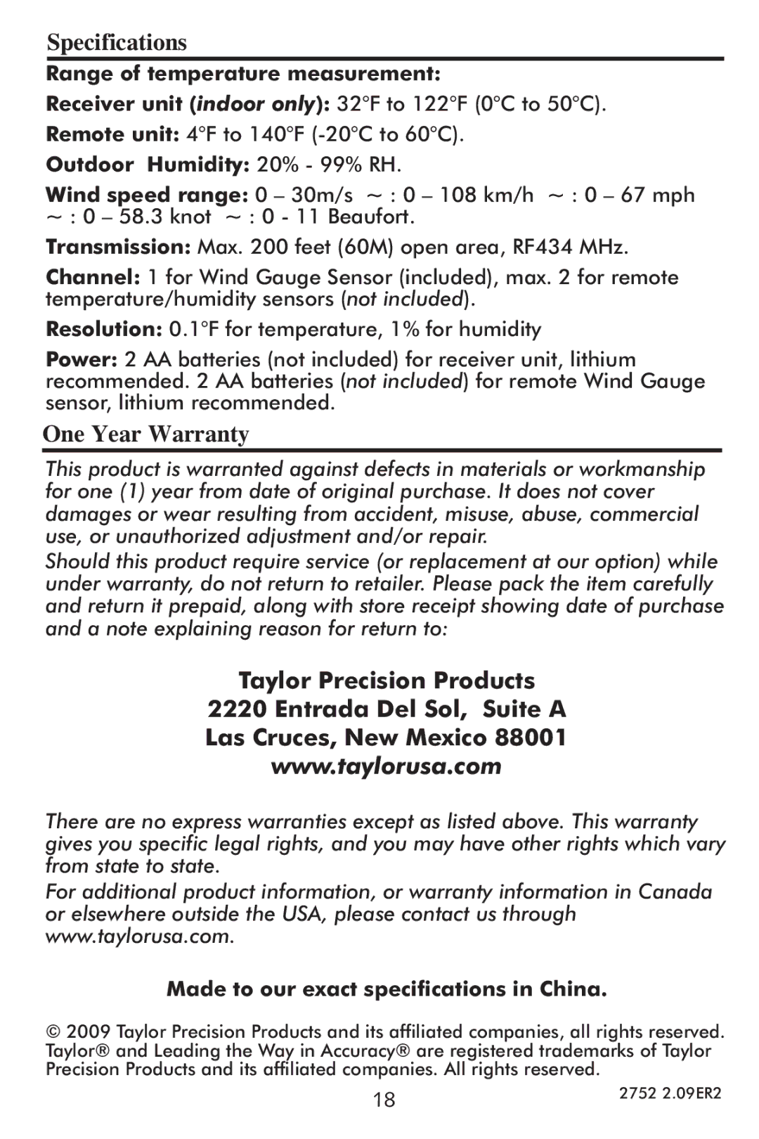 Taylor 2752 Specifications, One Year Warranty, Range of temperature measurement, Outdoor Humidity 20% 99% RH 