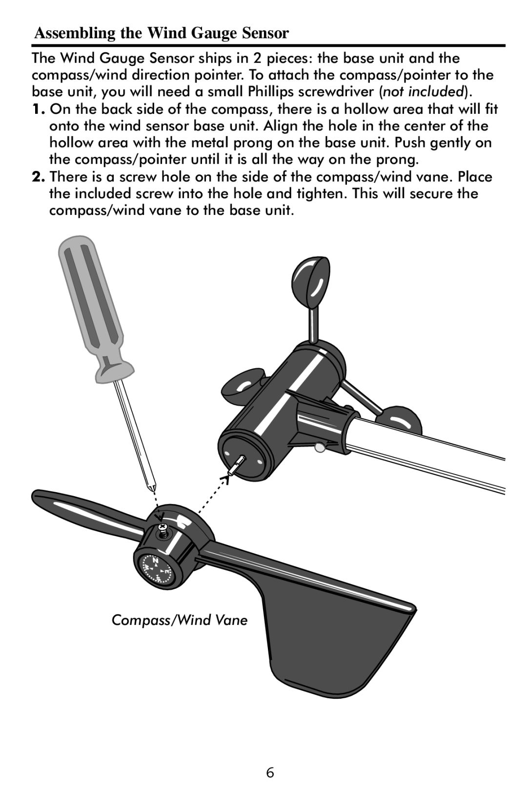 Taylor 2752 instruction manual Assembling the Wind Gauge Sensor, Compass/Wind Vane 