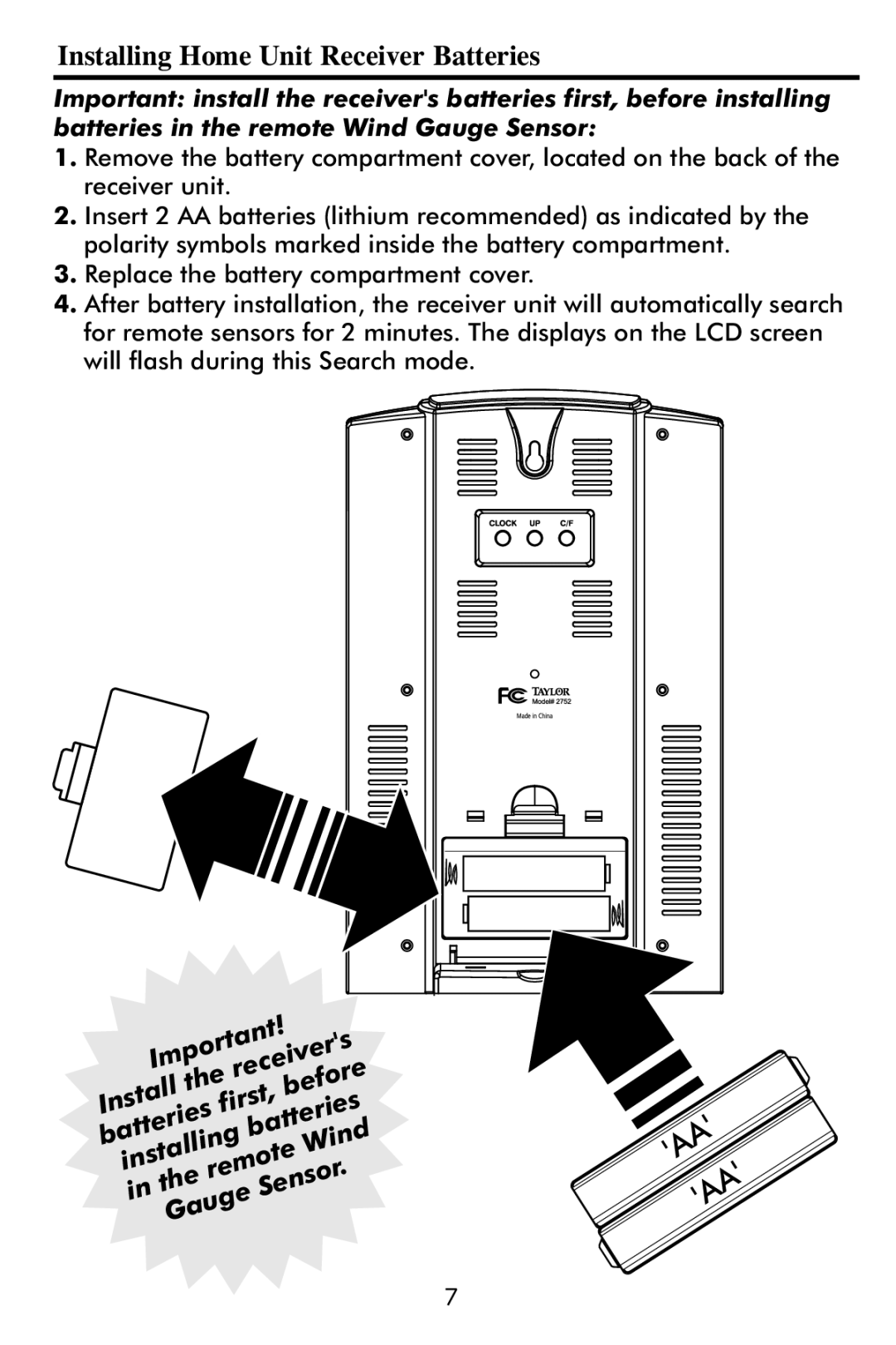Taylor 2752 instruction manual Installing Home Unit Receiver Batteries, A A A A 