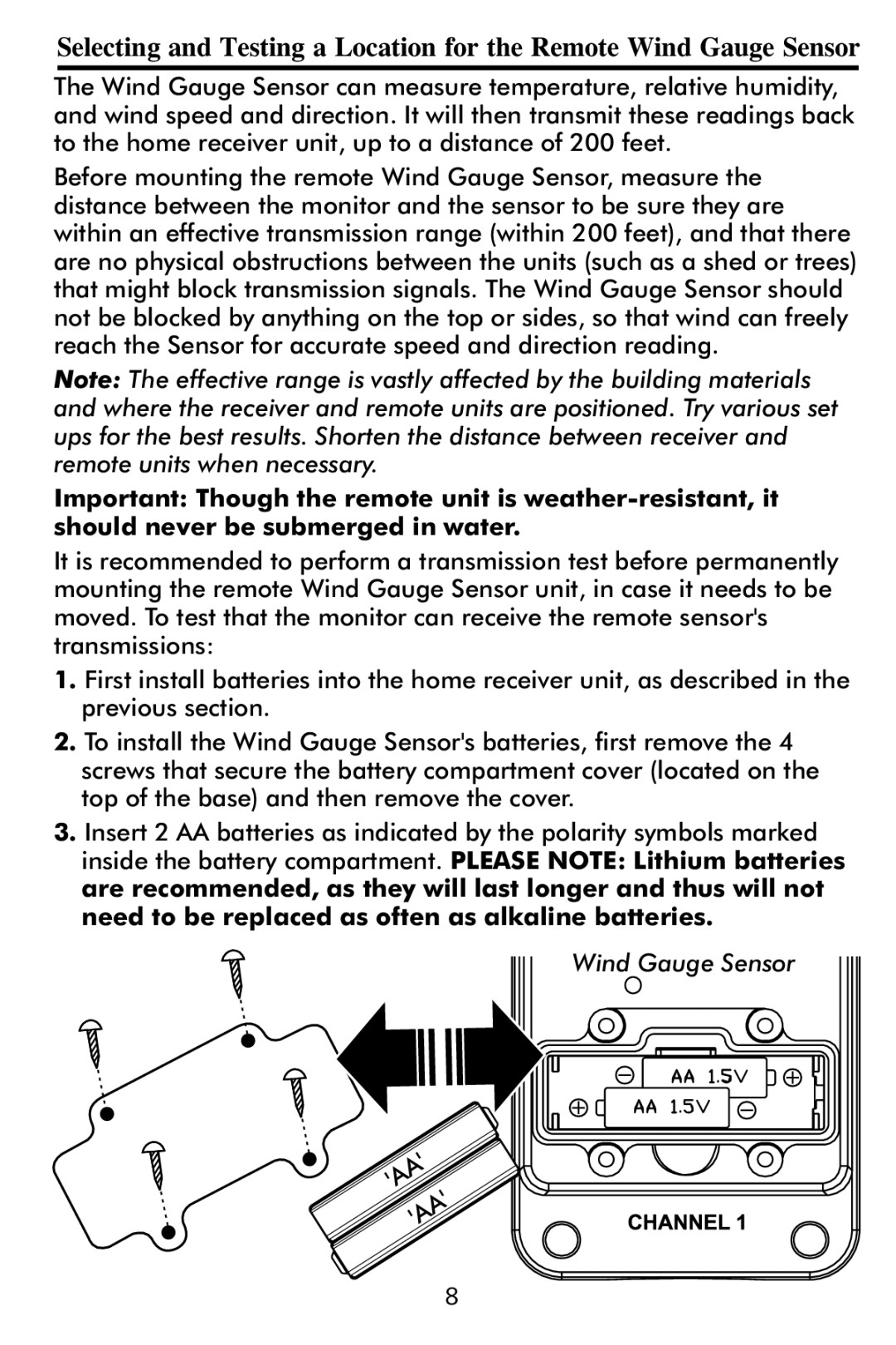 Taylor 2752 instruction manual should never be submerged in water, Wind Gauge Sensor 