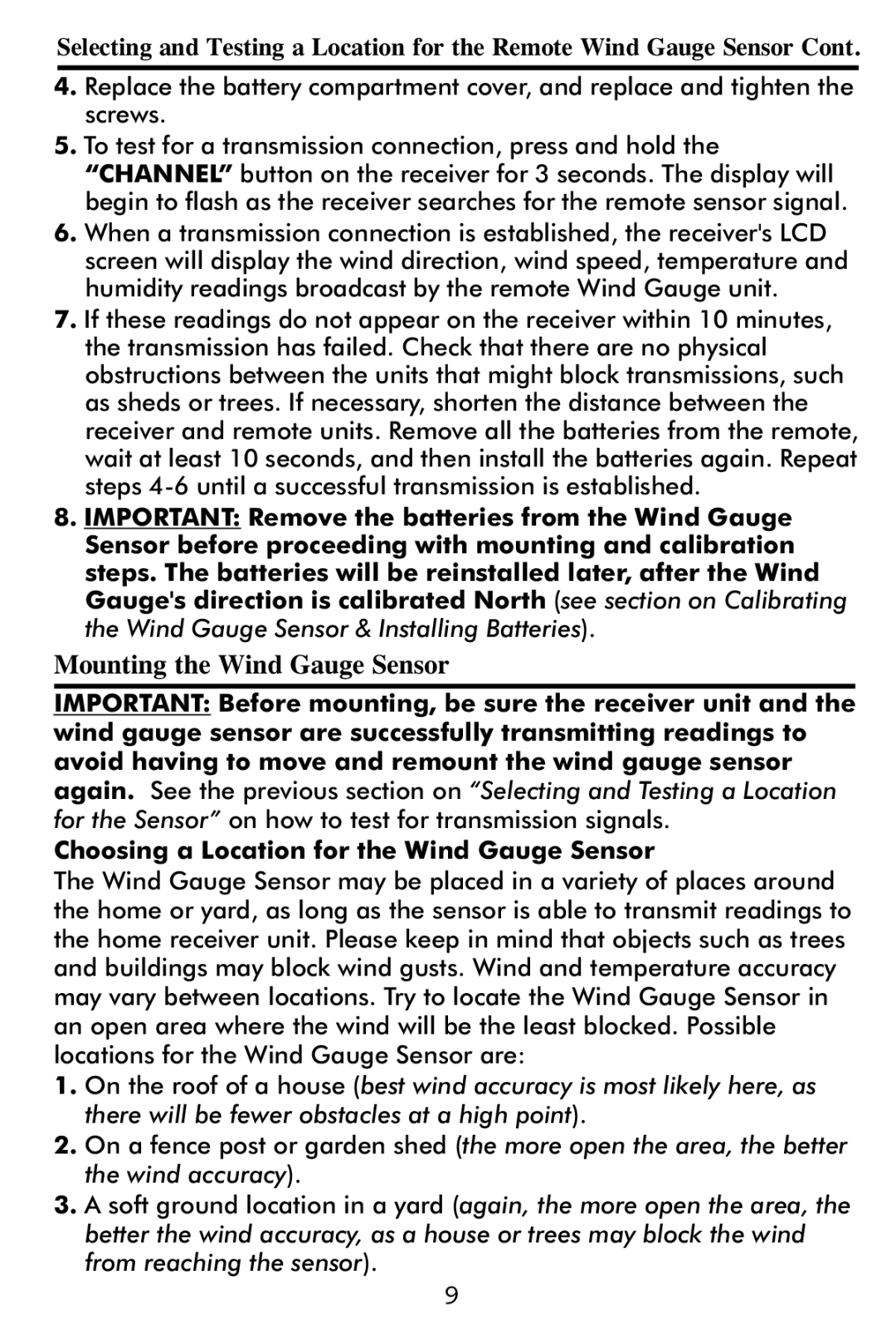 Taylor 2752 instruction manual Mounting the Wind Gauge Sensor, Choosing a Location for the Wind Gauge Sensor 