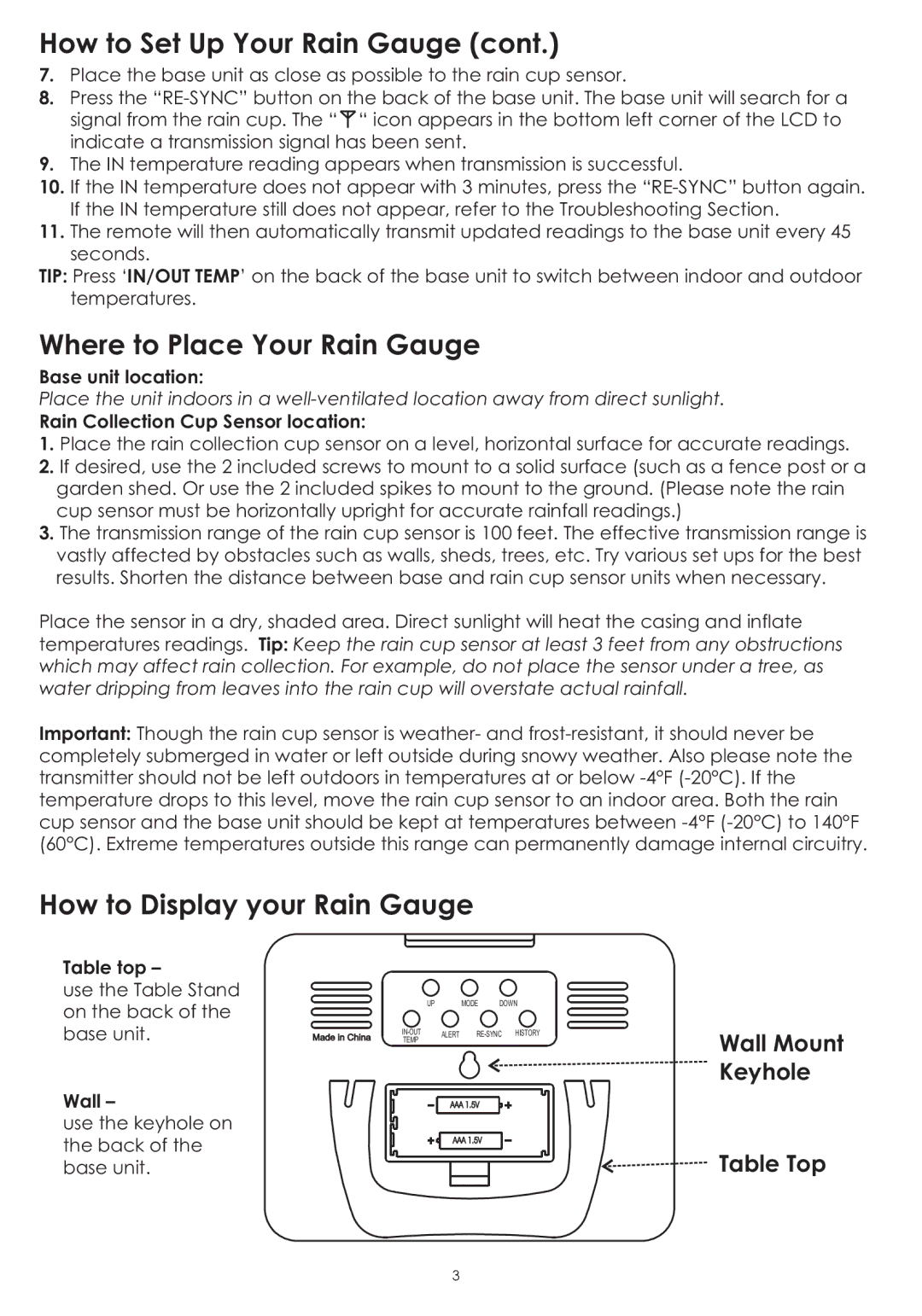 Taylor 2753 instruction manual Where to Place Your Rain Gauge, How to Display your Rain Gauge 