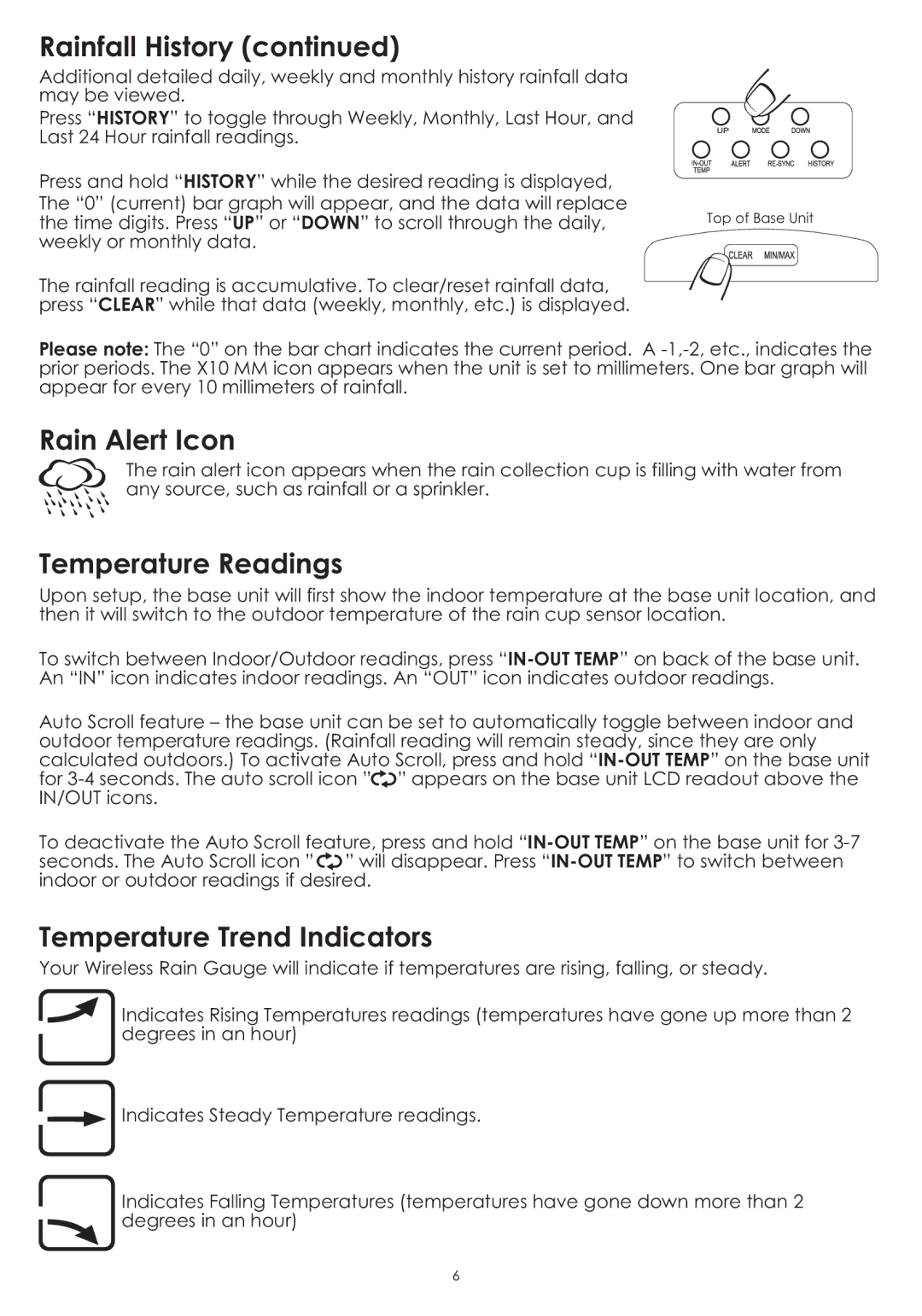 Taylor 2753 instruction manual Rain Alert Icon, Temperature Readings, Temperature Trend Indicators 