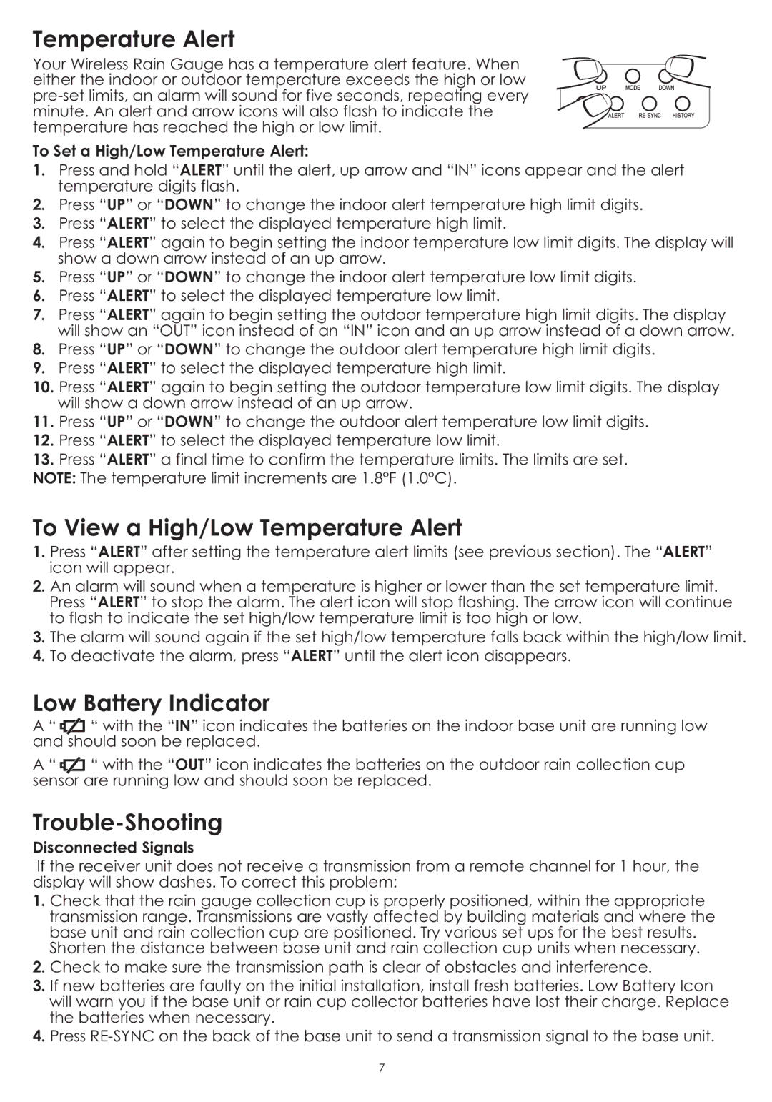 Taylor 2753 instruction manual To View a High/Low Temperature Alert, Low Battery Indicator, Trouble-Shooting 