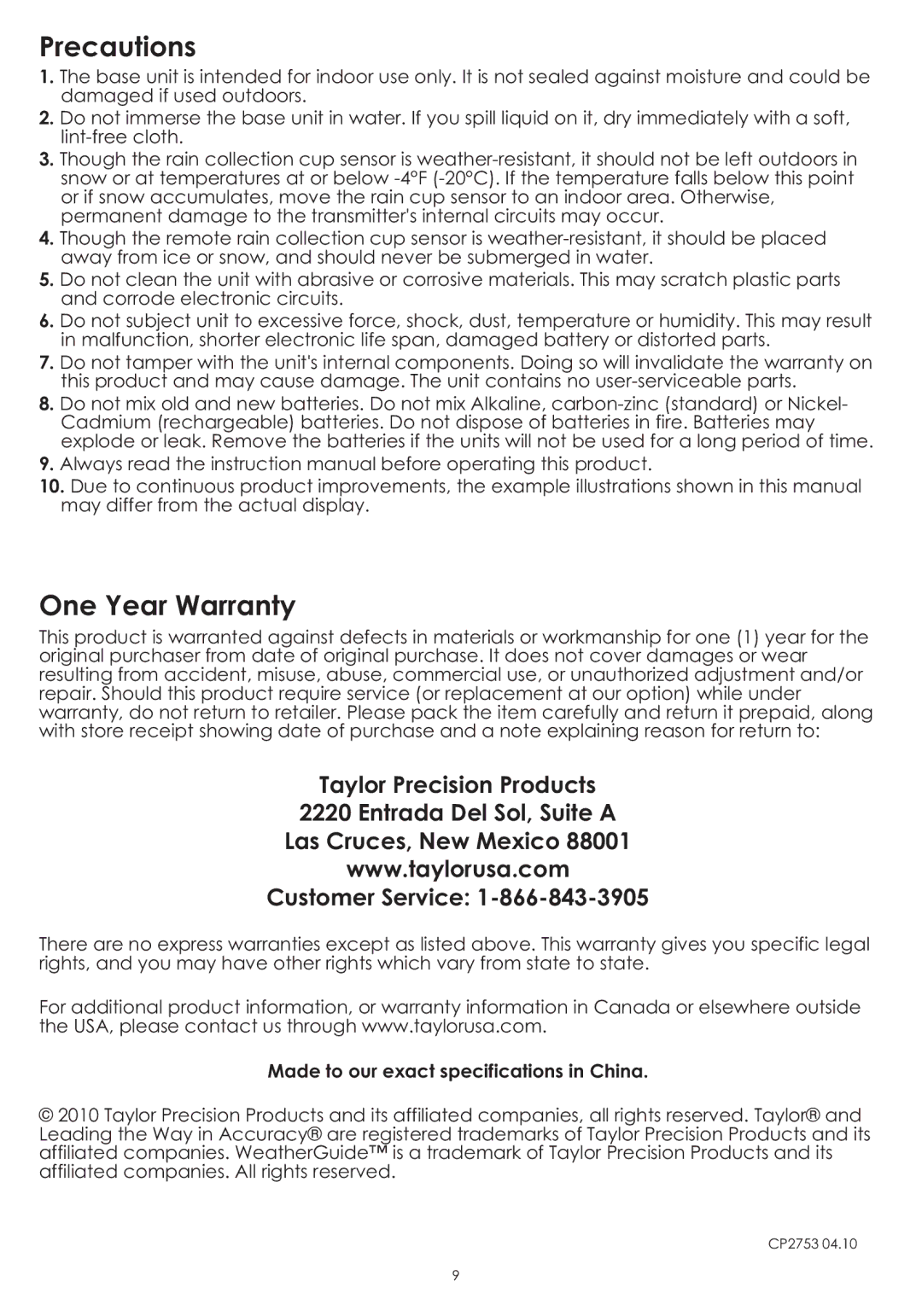 Taylor 2753 instruction manual Precautions, One Year Warranty, Made to our exact specifications in China 