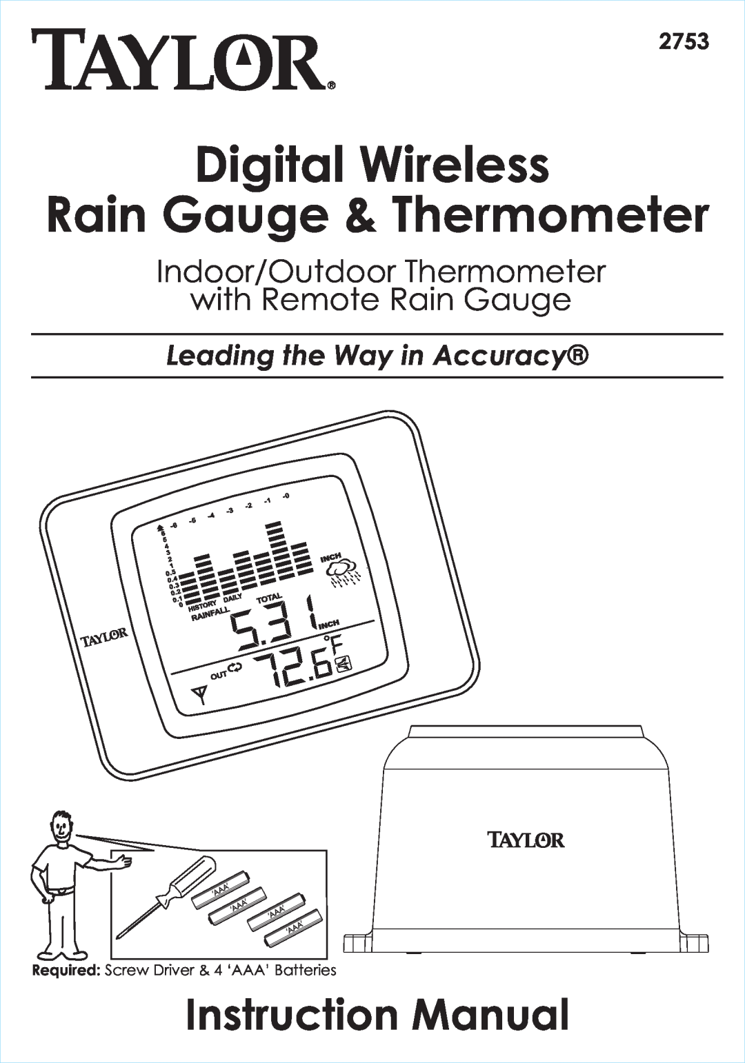 Taylor 2753 instruction manual Digital Wireless Rain Gauge & Thermometer, Leading the Way in Accuracy 