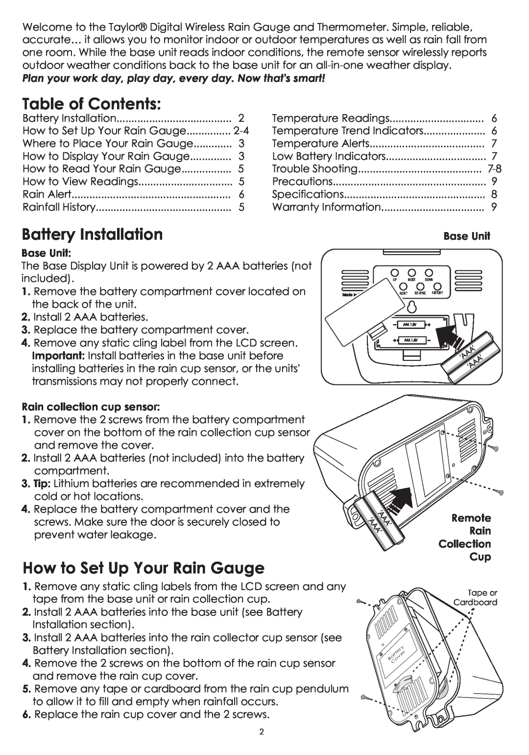Taylor 2753 instruction manual Table of Contents, Battery Installation, How to Set Up Your Rain Gauge 