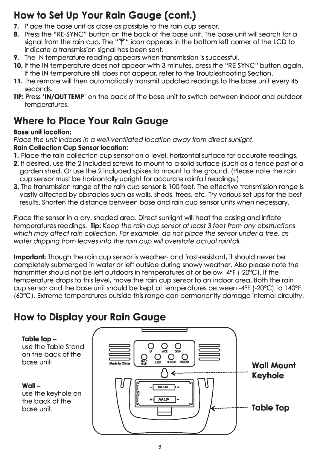 Taylor 2753 How to Set Up Your Rain Gauge cont, Where to Place Your Rain Gauge, How to Display your Rain Gauge 