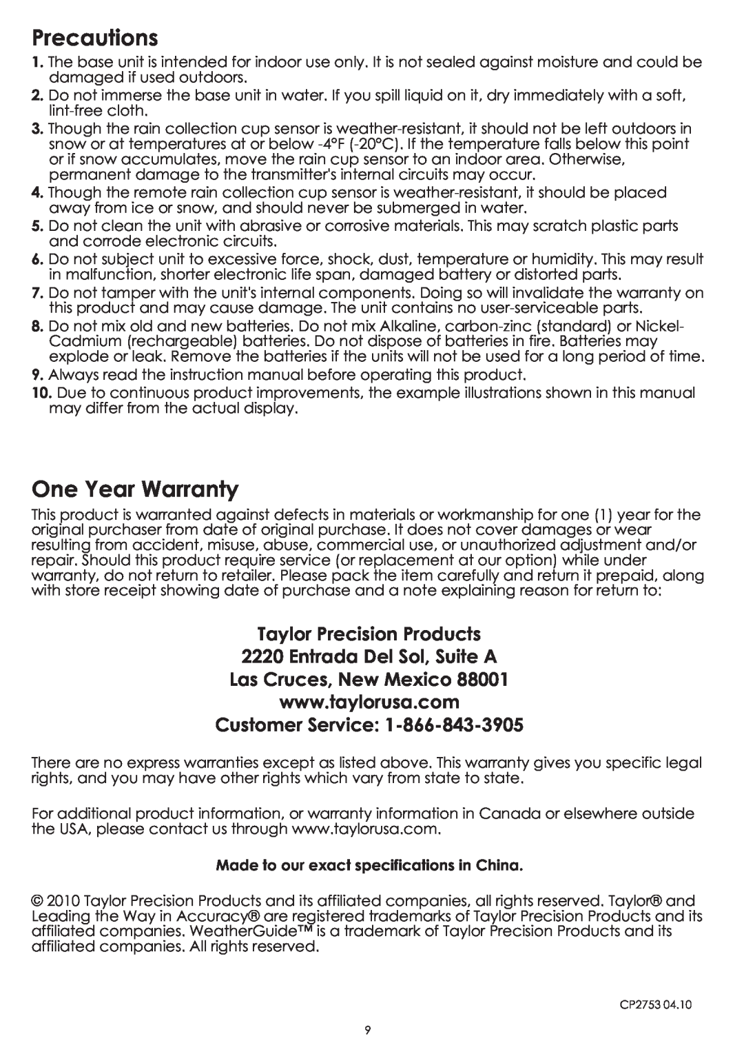 Taylor 2753 Precautions, One Year Warranty, Taylor Precision Products 2220 Entrada Del Sol, Suite A, Customer Service 