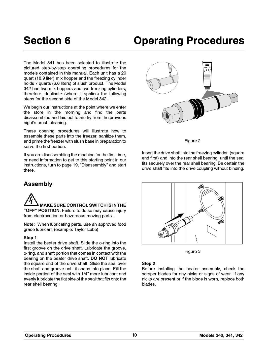 Taylor 341, 340, 342 manual Section Operating Procedures, Assembly 