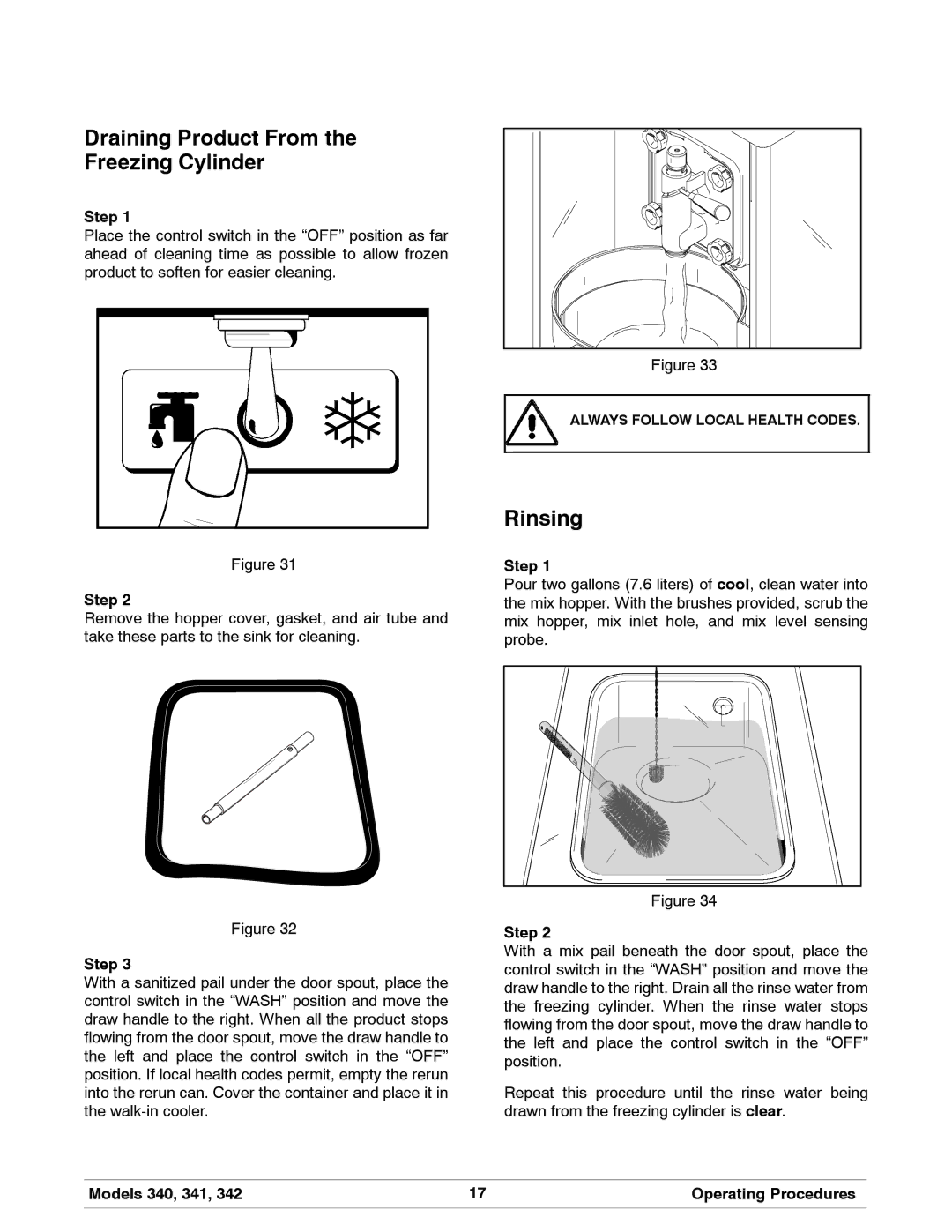 Taylor 340, 342, 341 manual Draining Product From Freezing Cylinder, Rinsing 