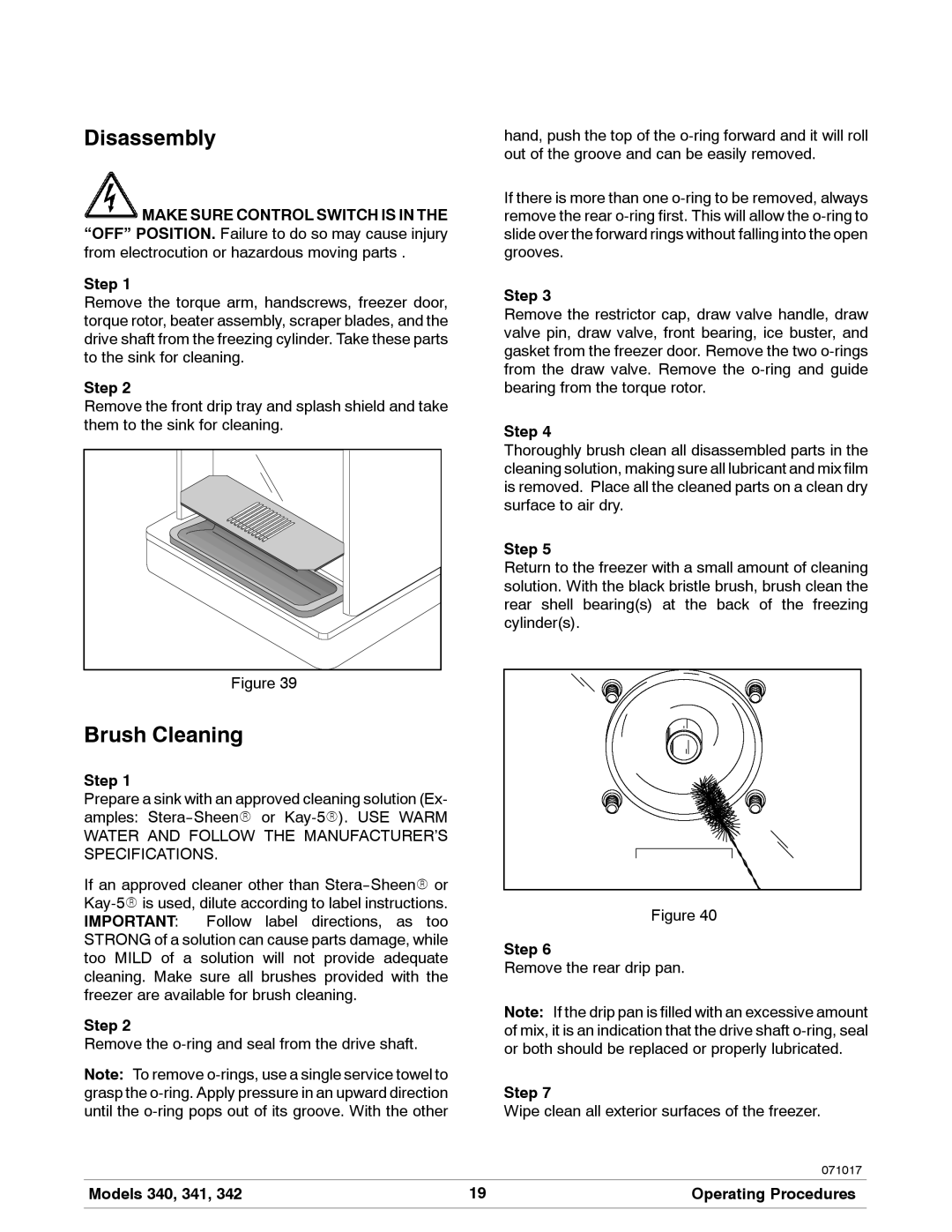 Taylor 341, 340, 342 manual Disassembly, Brush Cleaning 