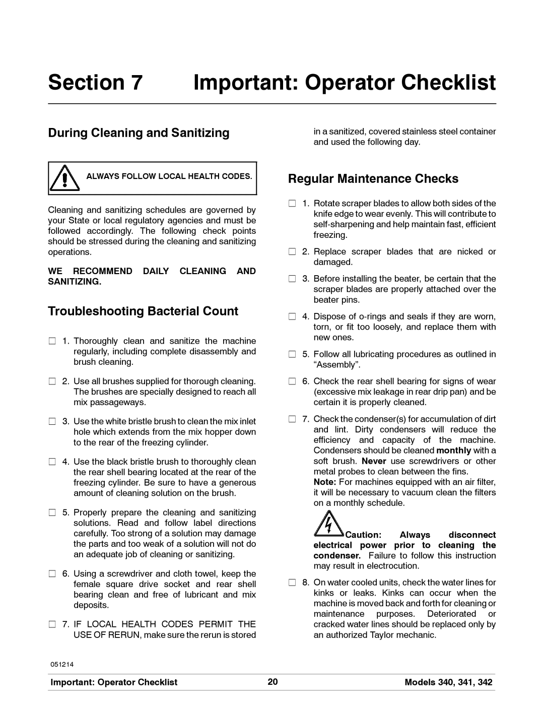 Taylor 340, 342, 341 manual Important Operator Checklist, During Cleaning and Sanitizing, Troubleshooting Bacterial Count 