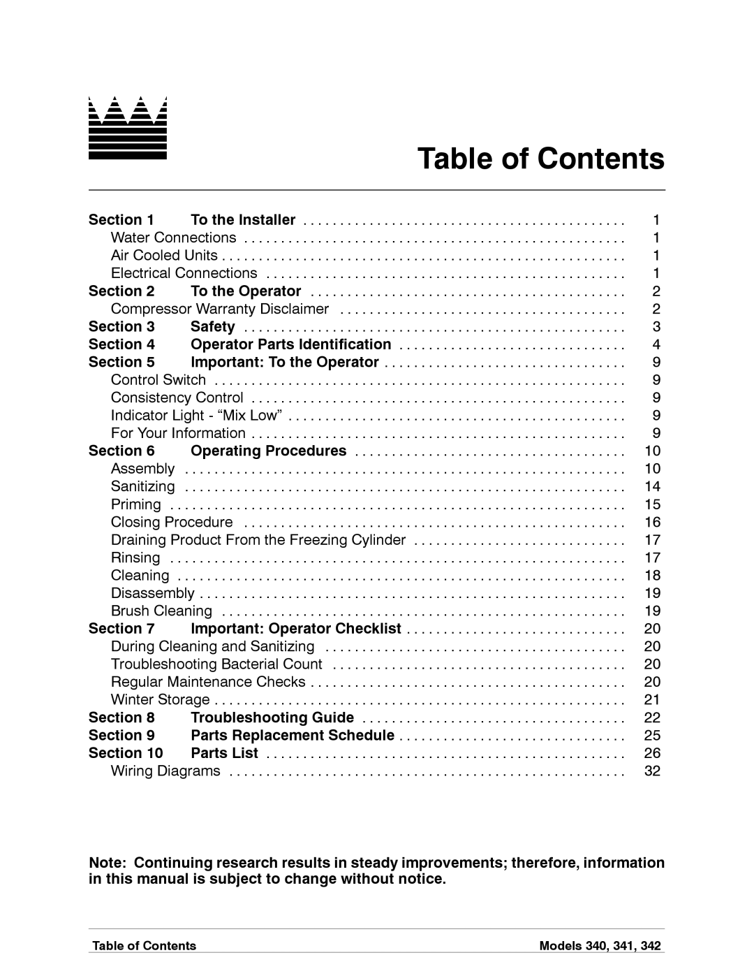 Taylor 340, 342, 341 manual Table of Contents 