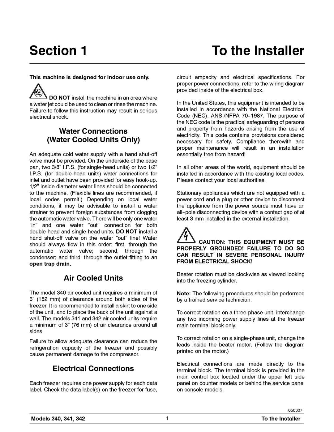 Taylor 341, 340, 342 manual Section, Water Connections Water Cooled Units Only, Air Cooled Units, Electrical Connections 