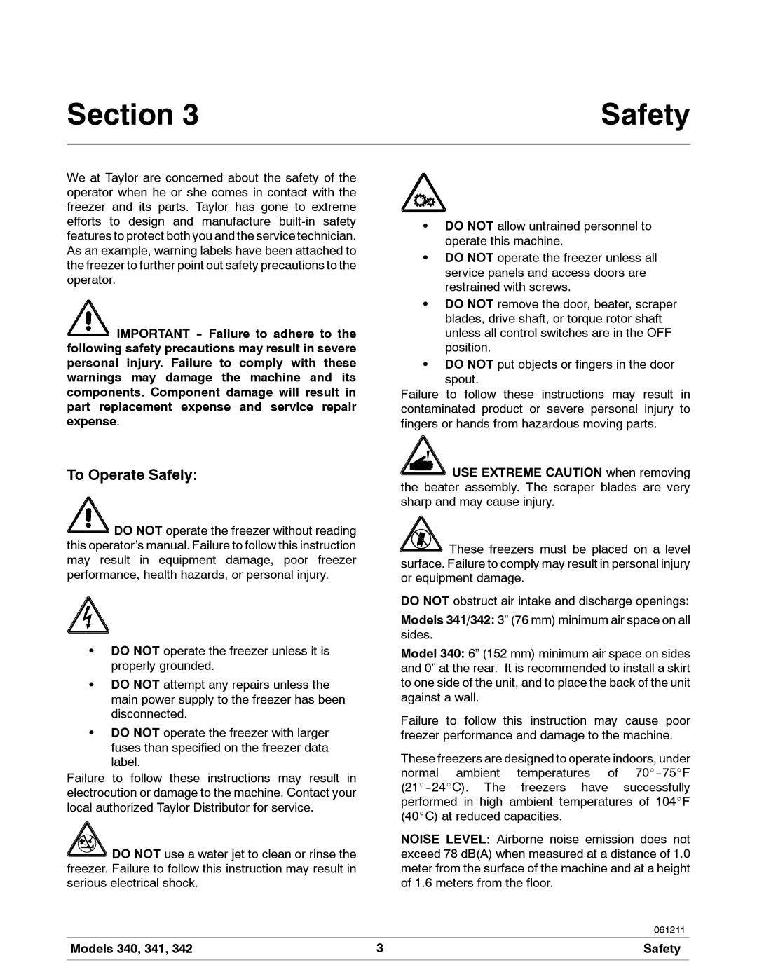 Taylor 342, 340, 341 manual Section Safety, To Operate Safely 