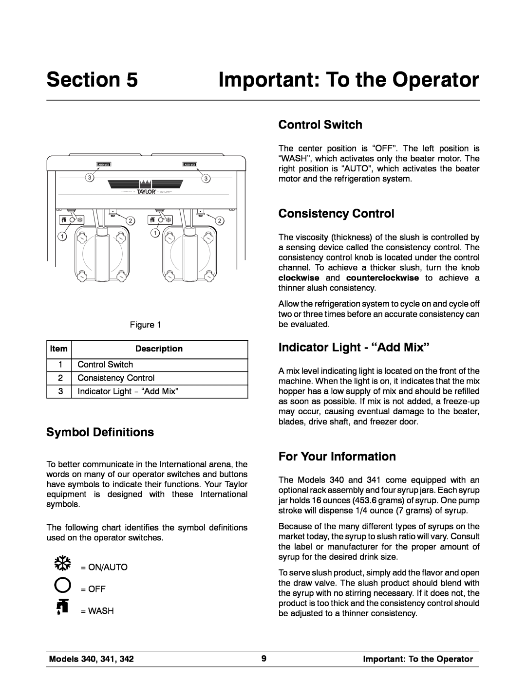 Taylor 342 Important To the Operator, Symbol Definitions, Control Switch, Consistency Control, Indicator Light - “Add Mix” 
