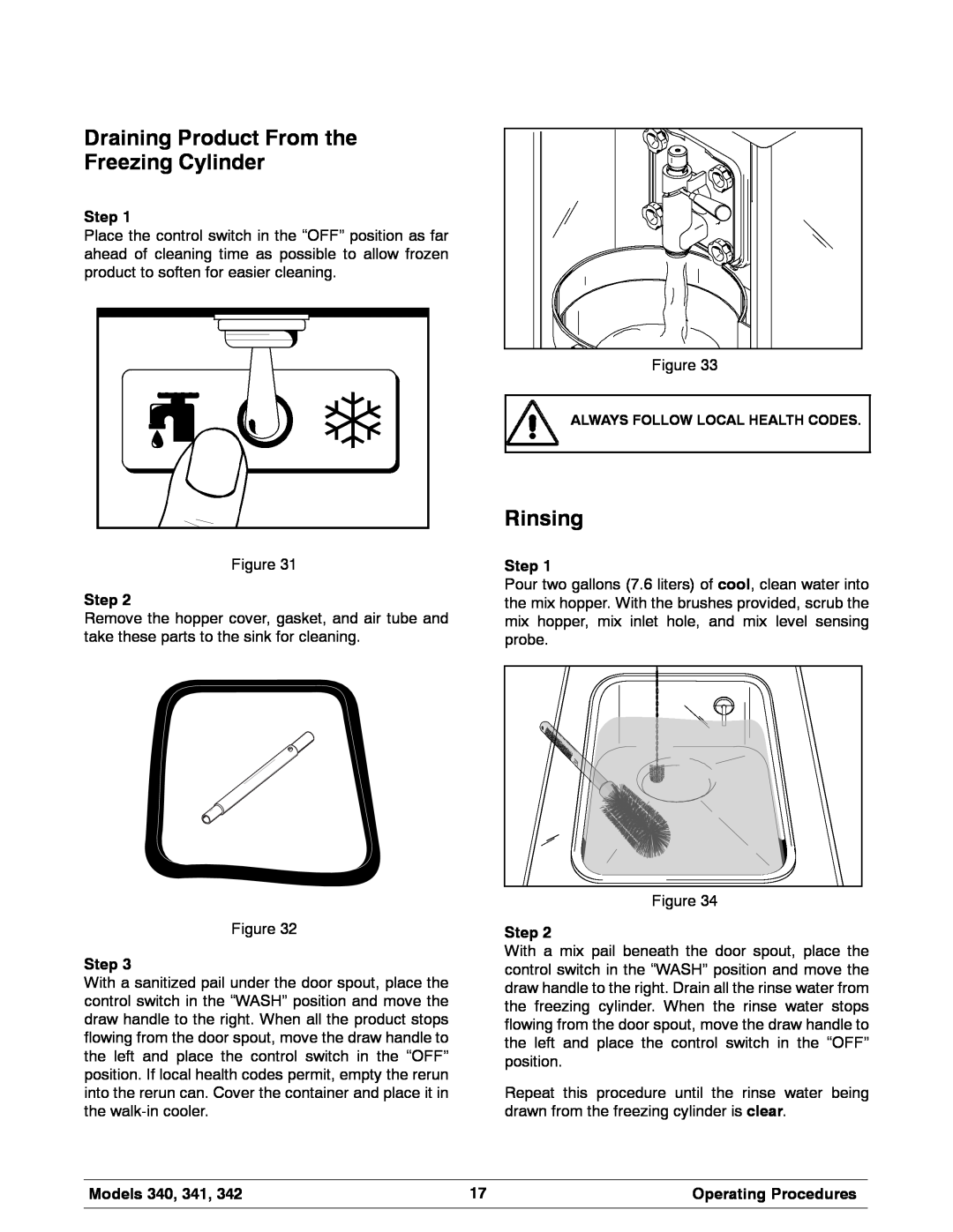 Taylor 342 manual Draining Product From the Freezing Cylinder, Rinsing, Step, Models 340, 341, Operating Procedures 