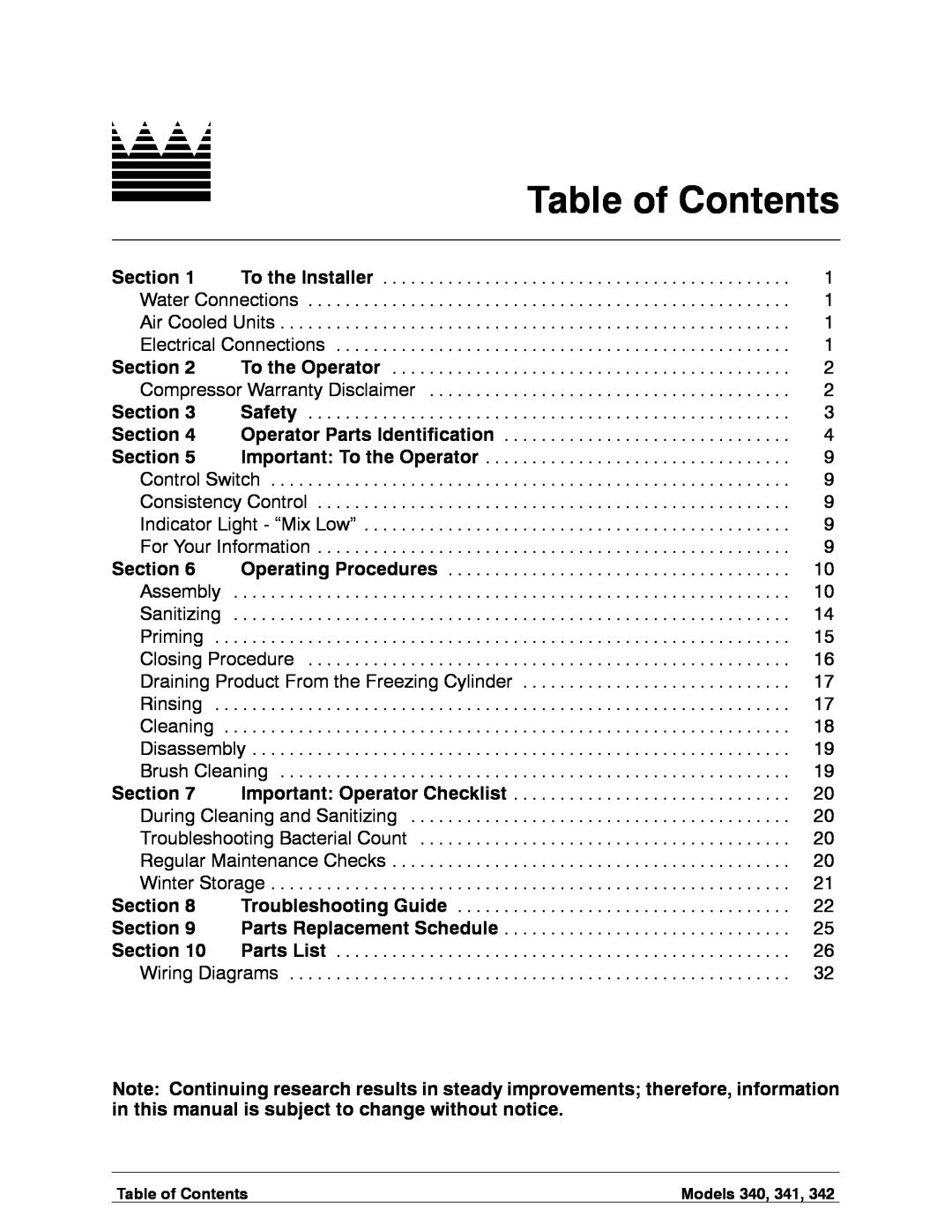 Taylor 340, 342, 341 manual Table of Contents 
