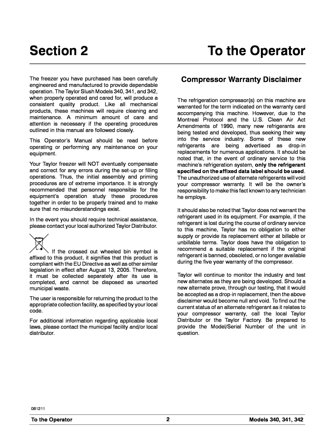 Taylor 342 manual To the Operator, Compressor Warranty Disclaimer, Section, Models 340, 341 