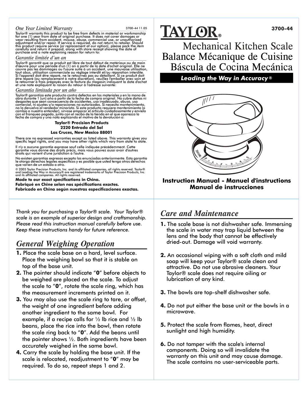 Taylor 3700-44 instruction manual Balance Mécanique de Cuisine, Báscula de Cocina Mecánica, Care and Maintenance 