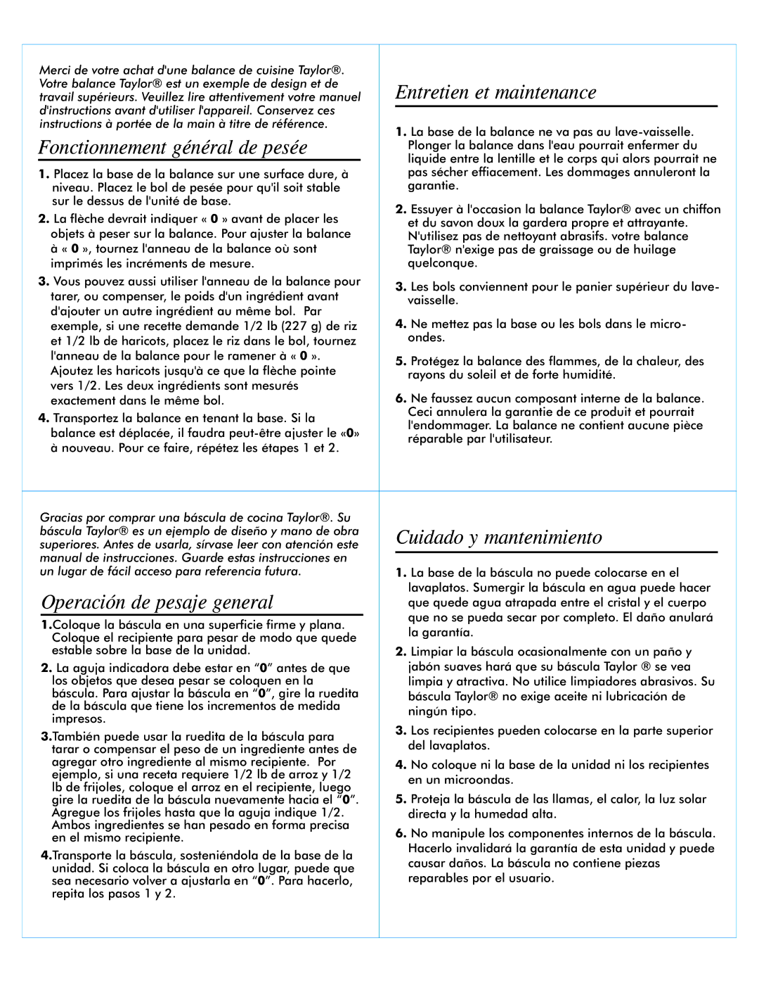 Taylor 3700-44 instruction manual Entretien et maintenance, Fonctionnement général de pesée, Cuidado y mantenimiento 