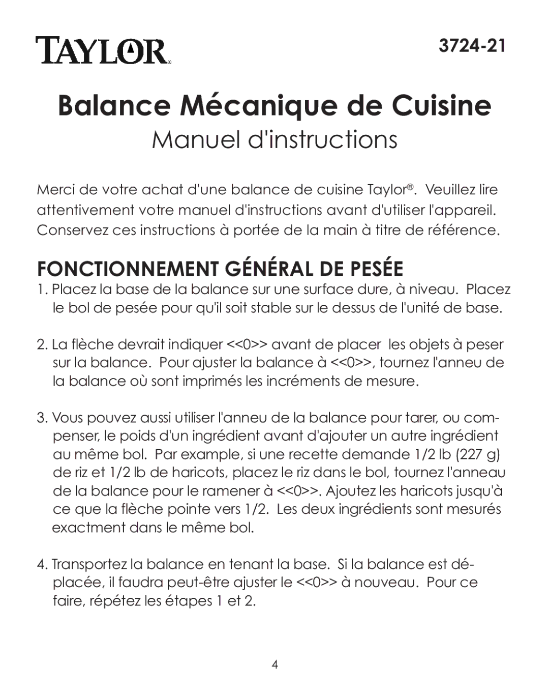 Taylor 3724-21 instruction manual Balance Mécanique de Cuisine, Fonctionnement Général DE Pesée 