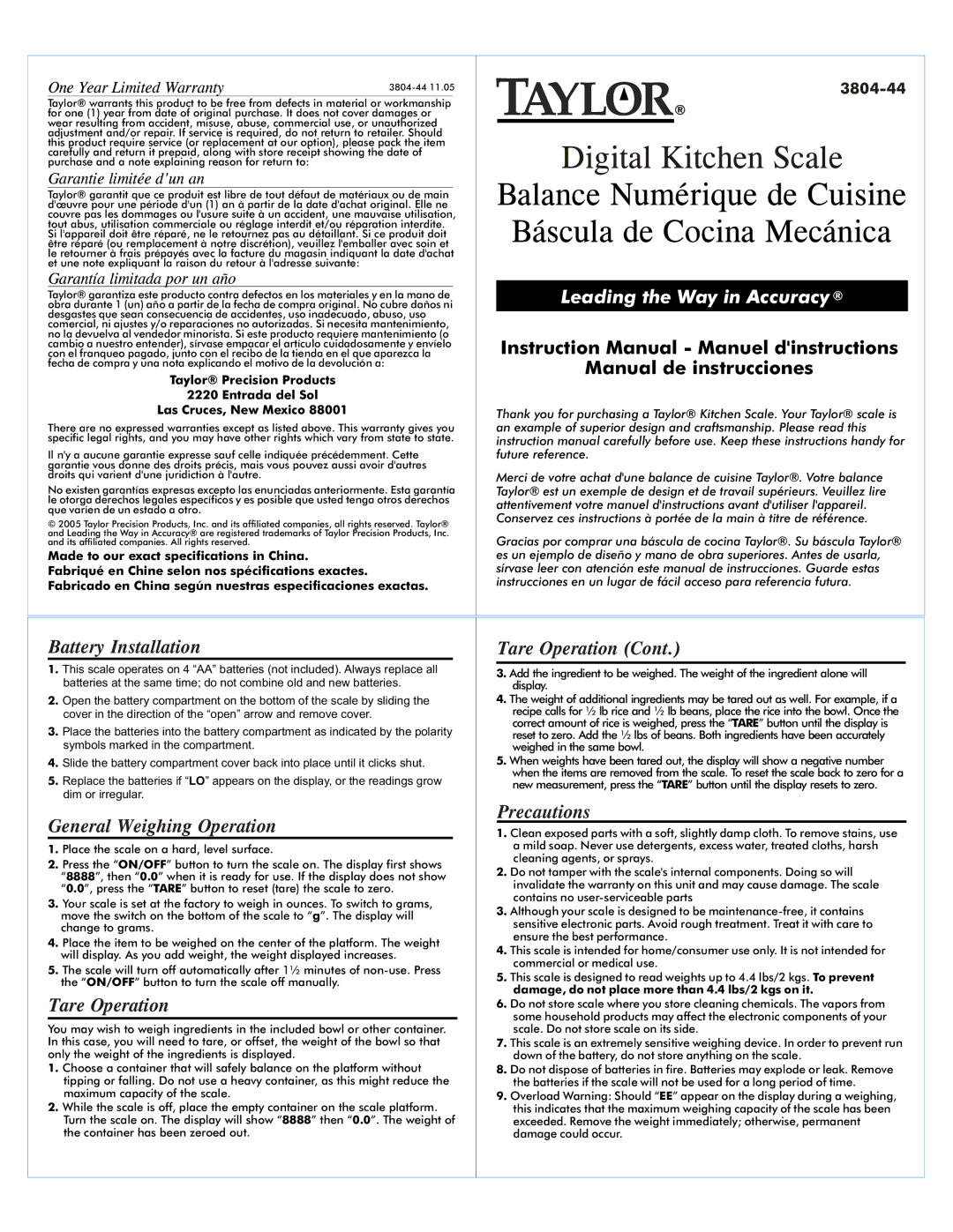 Taylor 3804-44 warranty Battery Installation, General Weighing Operation, Tare Operation, Precautions 