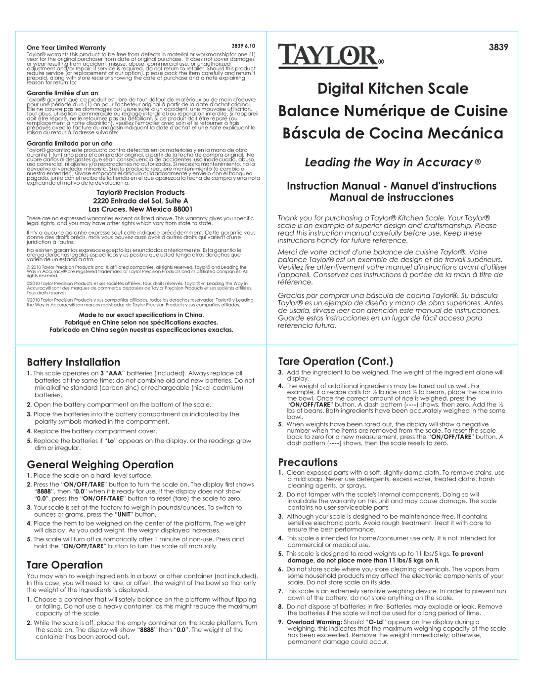 Taylor 3839 instruction manual Manual de instrucciones, Battery Installation, General Weighing Operation, Tare Operation 