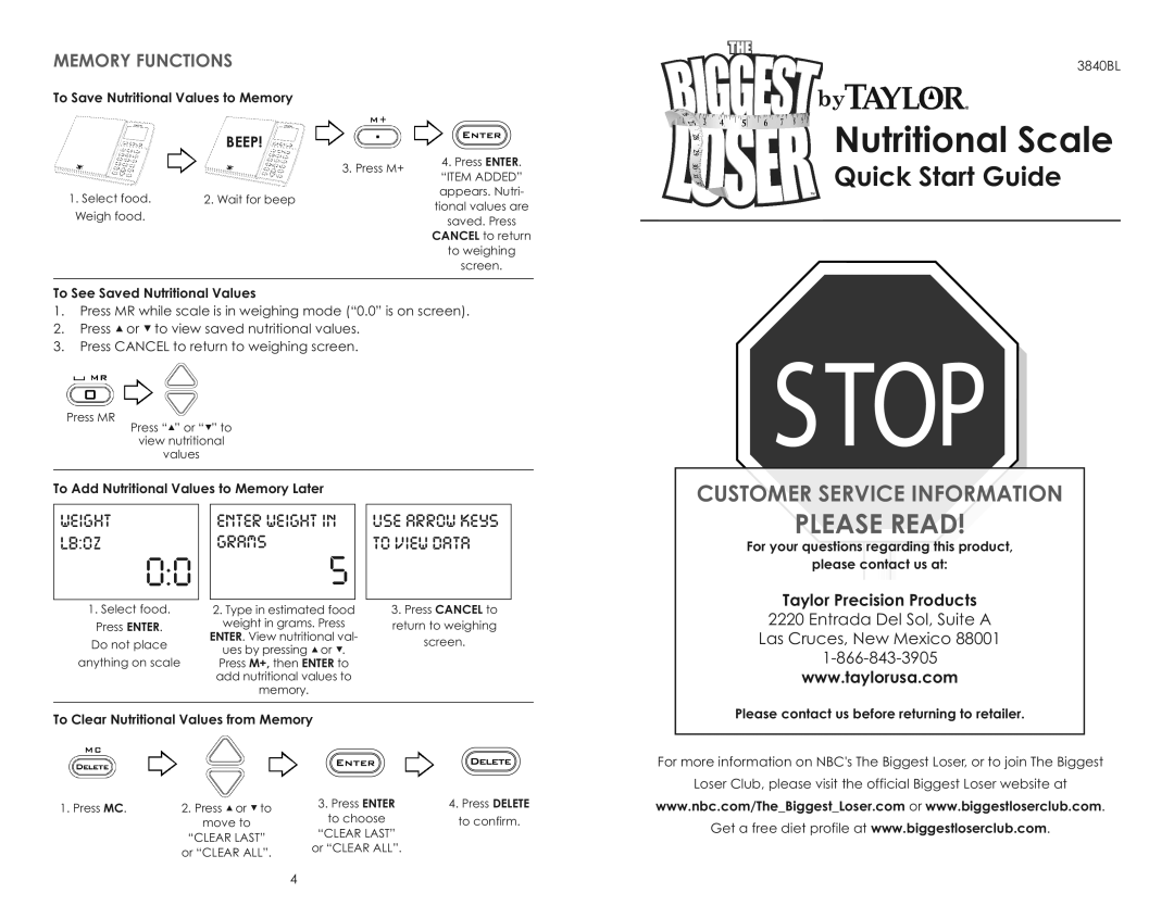 Taylor 3840BL quick start Weight lboz, Enter weight in grams, Use arrow keys to view data 