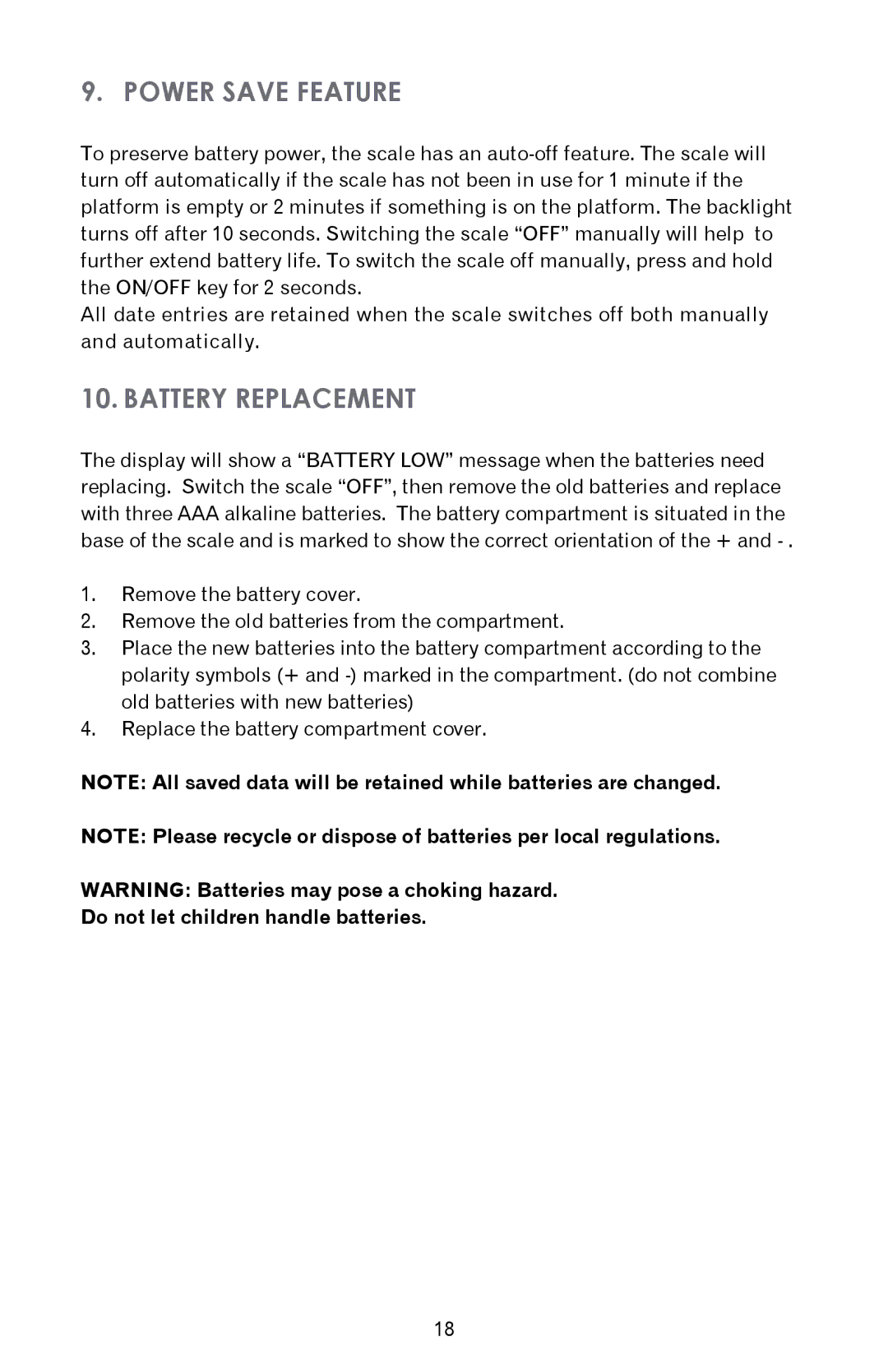 Taylor 3847BL instruction manual Power Save Feature, Battery Replacement, Do not let children handle batteries 