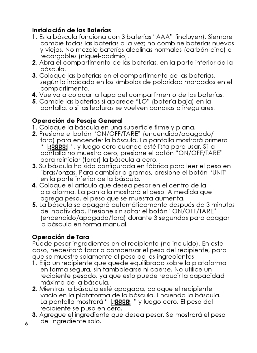 Taylor 3852 instruction manual Instalación de las Baterías, Operación de Pesaje General, Operación de Tara 