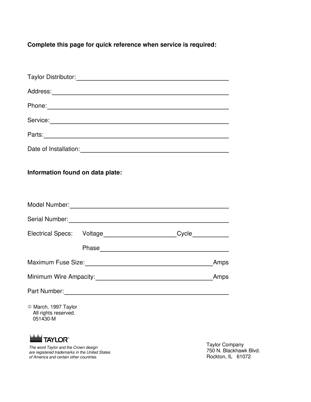 Taylor 430 TORQUE manual Information found on data plate 