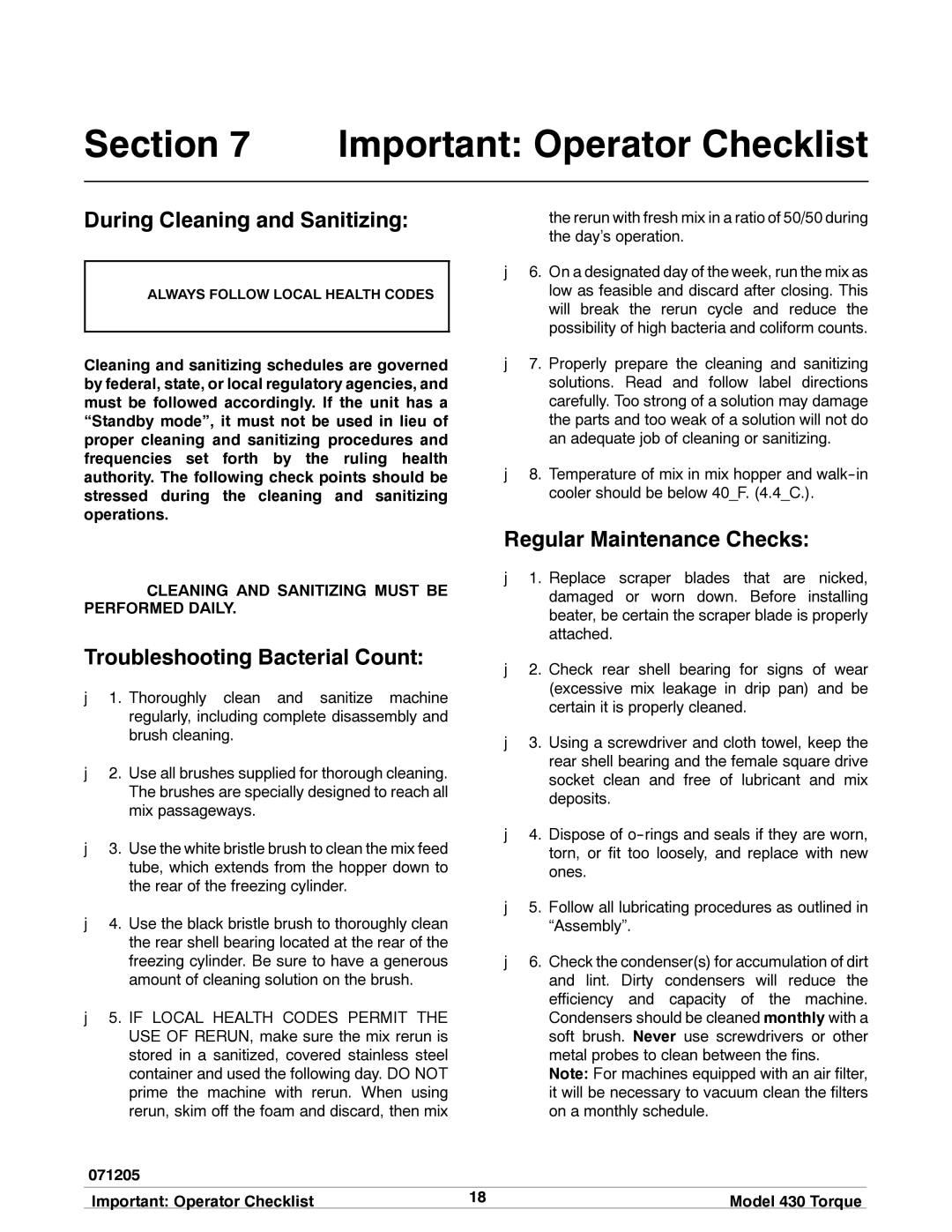 Taylor 430 TORQUE manual Important Operator Checklist, During Cleaning and Sanitizing, Regular Maintenance Checks 