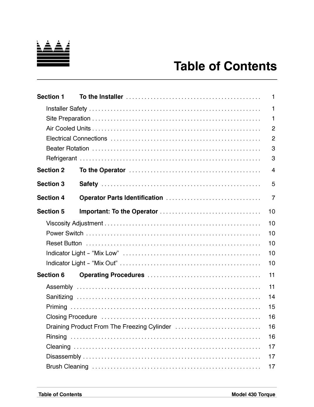 Taylor 430 TORQUE manual Table of Contents 