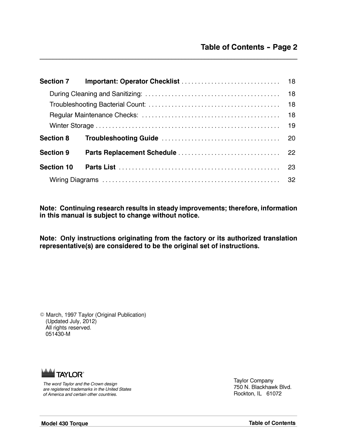 Taylor 430 TORQUE manual Table of Contents 