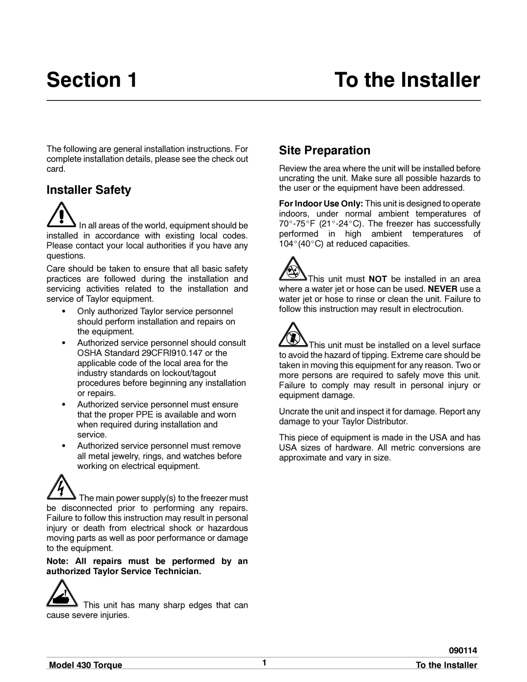 Taylor 430 TORQUE manual Section, Installer Safety, Site Preparation 