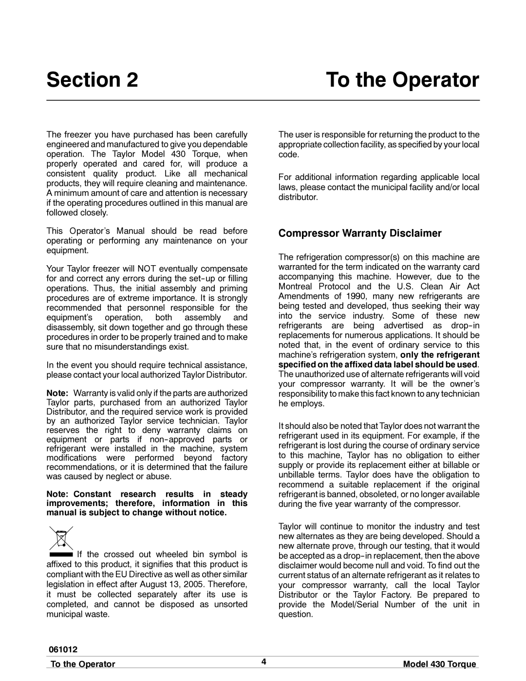 Taylor 430 TORQUE manual To the Operator 