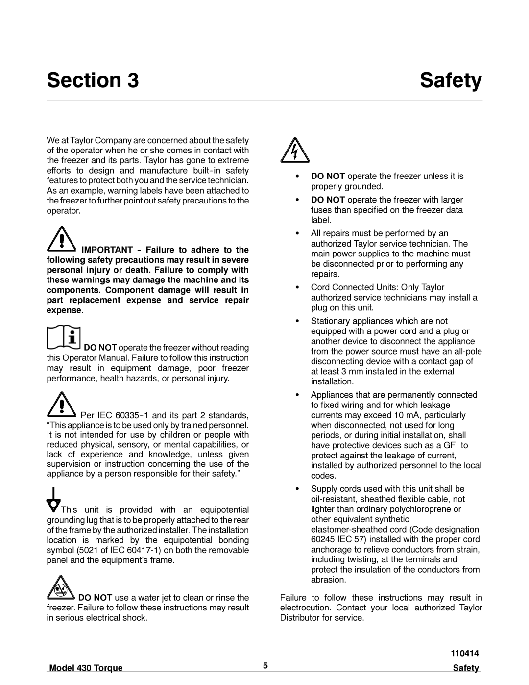 Taylor 430 TORQUE manual Section Safety, Model 430 Torque Safety 