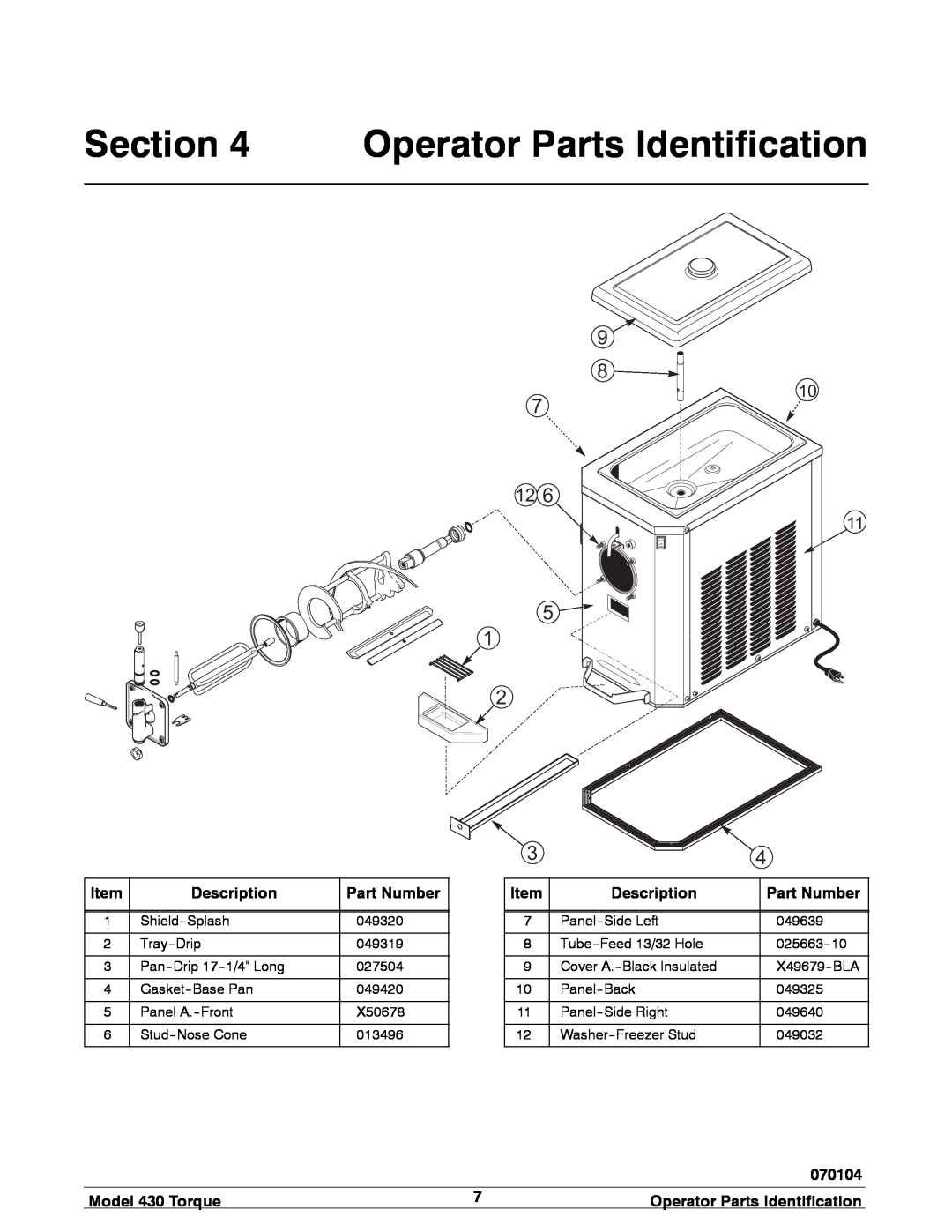 Taylor 430 TORQUE manual Operator Parts Identification, Description, Part Number, 070104, Model 430 Torque 