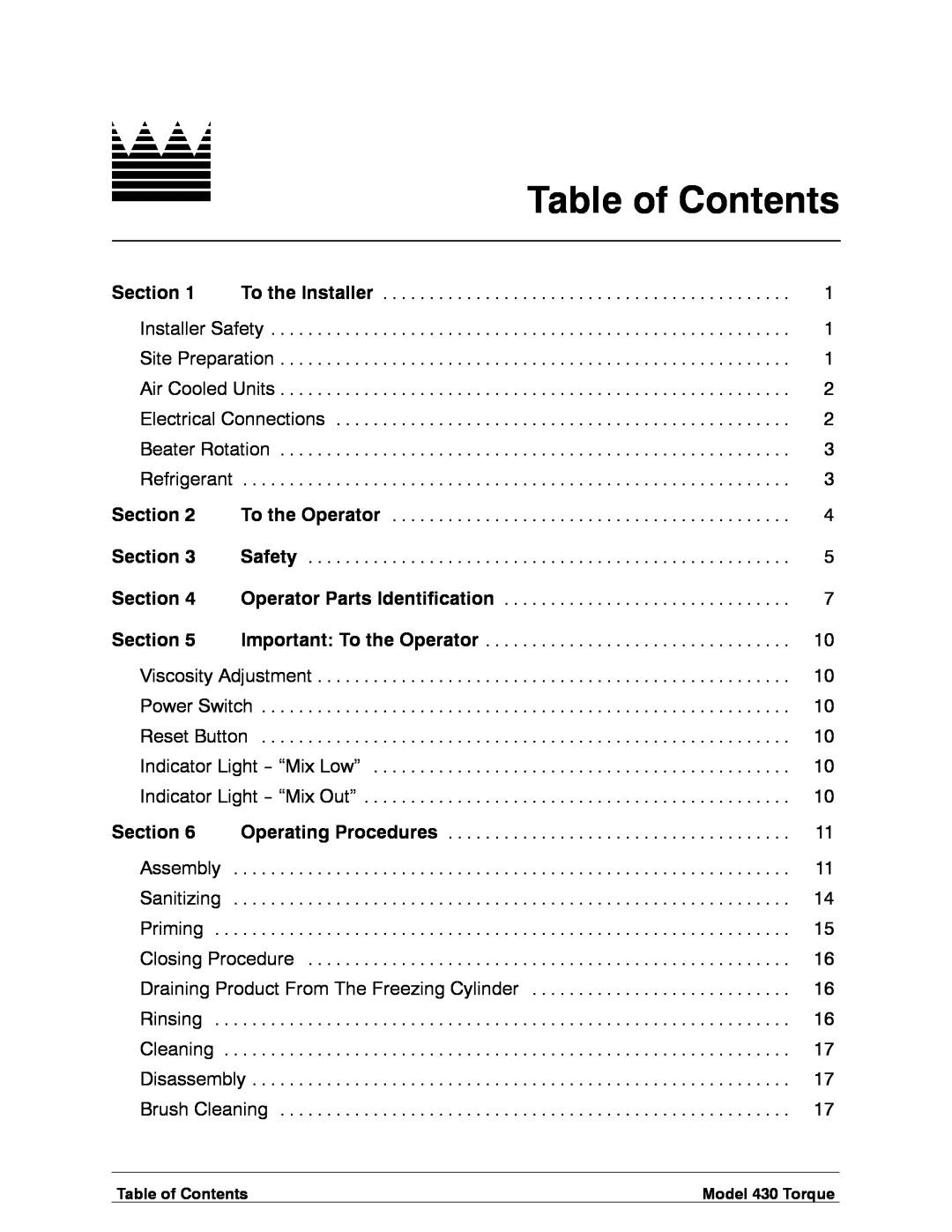 Taylor 430 TORQUE manual Table of Contents 