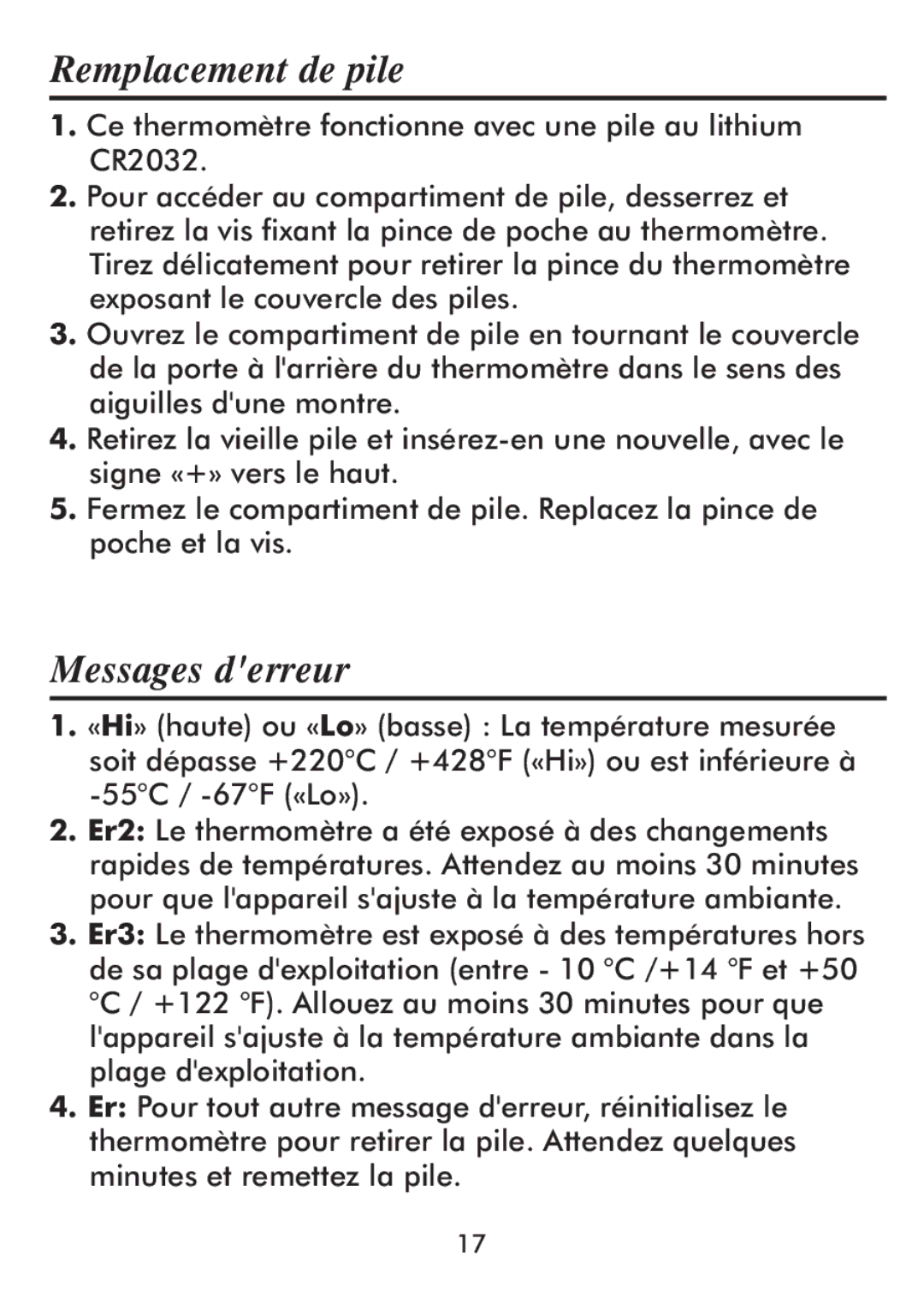 Taylor 512 instruction manual Remplacement de pile, Messages derreur 