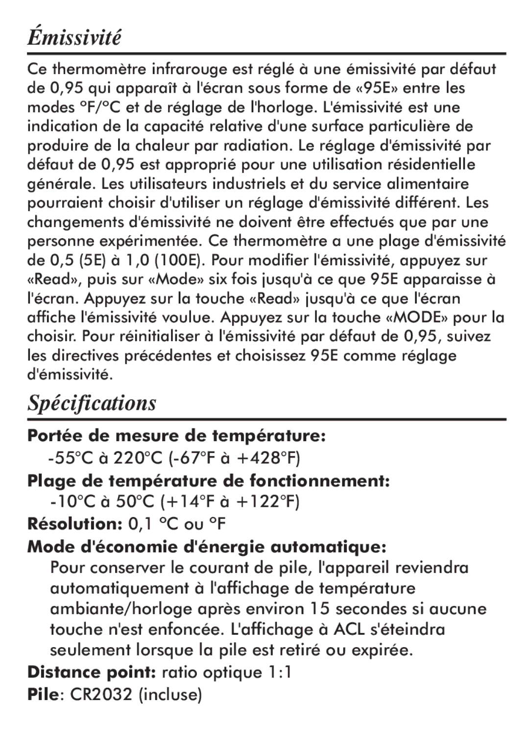 Taylor 512 Émissivité, Spécifications, Portée de mesure de température, Plage de température de fonctionnement 